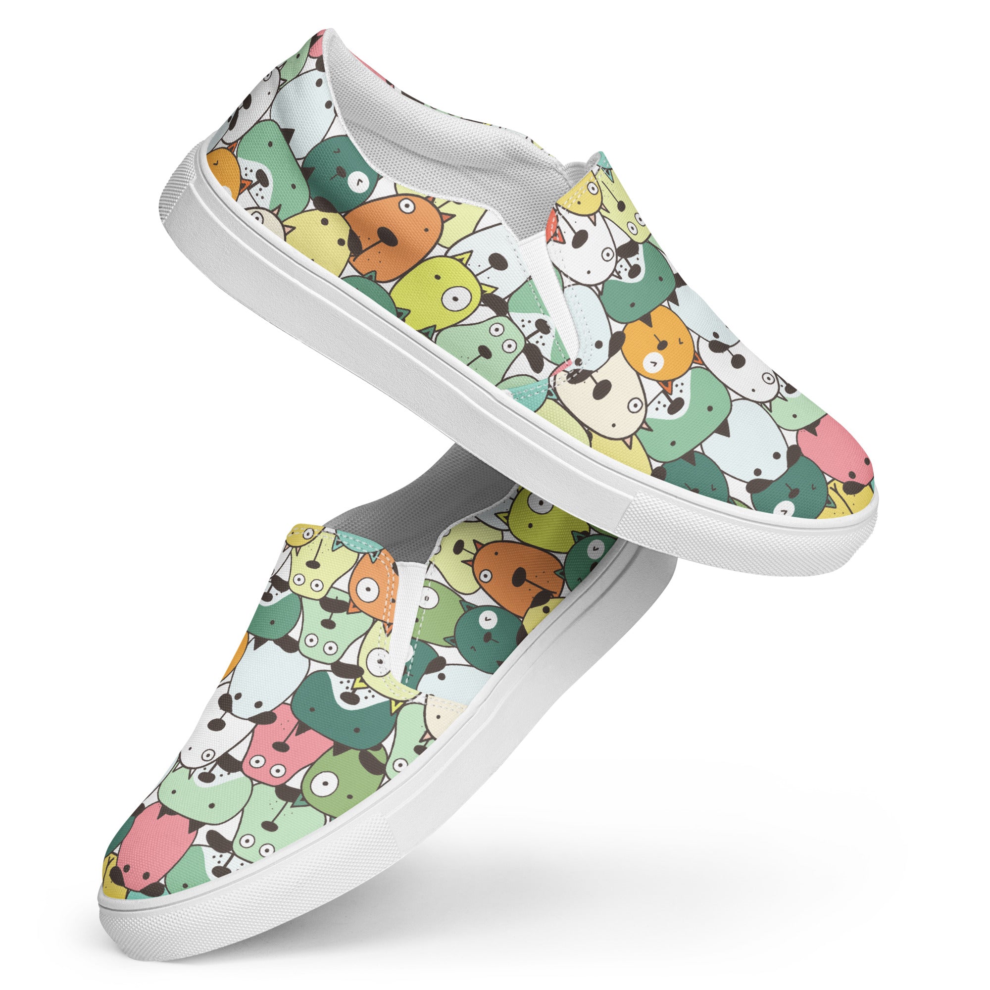 Ein Paar Damen Slip-on-Schuhe mit einem Muster aus stilisierten Hunden in Rosa, Hellgrün, Grün, Gelb, Orange und Weiß. Die Schuhe schweben vor einem weißen Hintergrund. Designed, by Just a Girl.