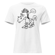 Ein freigestelltes Damen T-Shirt in der Vorderansicht. Das Motiv ist eine humorvolle, schwarz-weiße Comic-Zeichnung eines mürrischen Pferdes mit Irokesen-Frisur und großen Zähnen. Das Pferd trägt einen Sattel und hat ein Sprechblasentext "What?!" über dem Kopf. Der Print ist witzig und ausdrucksstark.