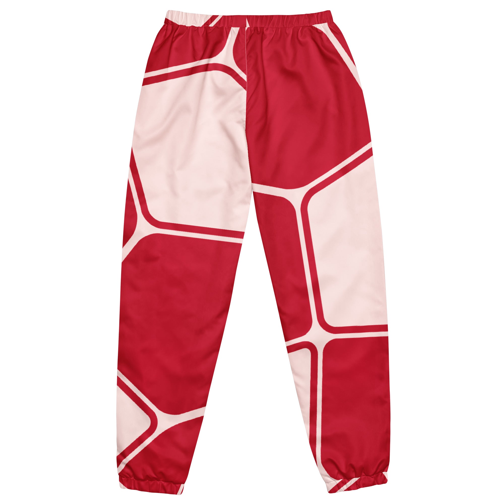 Damen Trainingshose in Rot und hellem Rosé mit einem abstrakten geometrischen Muster aus miteinander verbundenen, abgerundeten Rechtecken und Linien. Mockup Hosen Rückansicht. By Just a Girl.