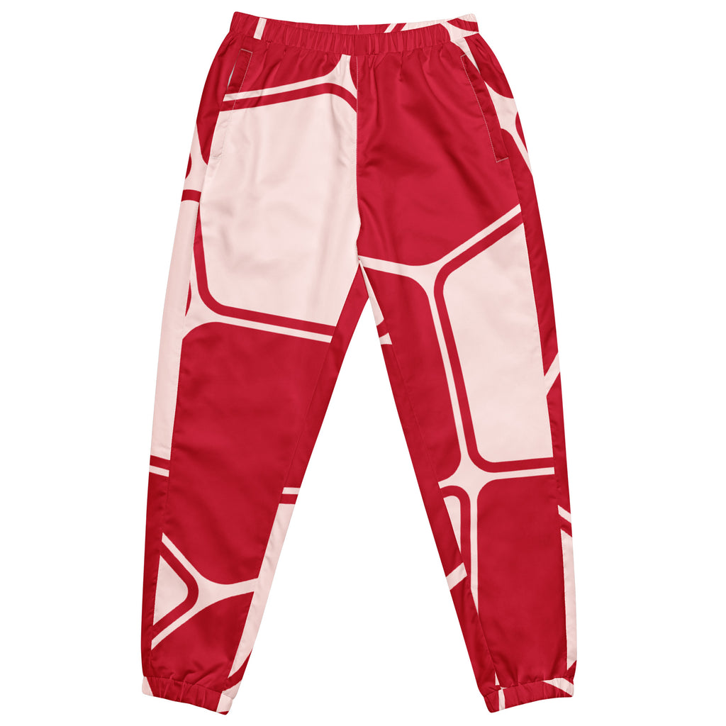 Damen Trainingshose in Rot und hellem Rosé mit einem abstrakten geometrischen Muster aus miteinander verbundenen, abgerundeten Rechtecken und Linien. Mockup Hosen Vorderansicht. By Just a Girl.