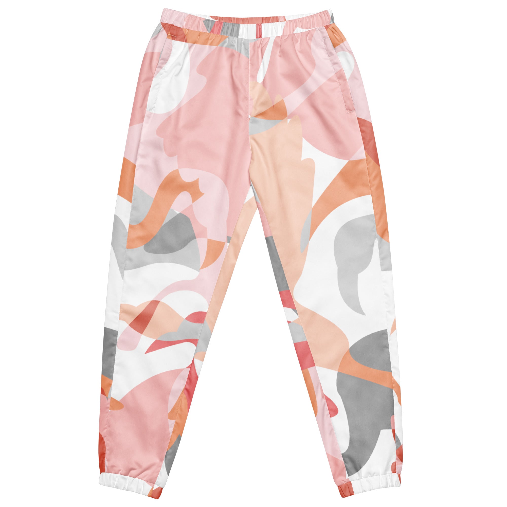 Eine Damen Trainingshose mit einem abstrakten Muster in Rosa-, Orange-, Grau- und Weißtönen, das an schmelzende Formen oder Flüssigkeiten erinnert. Die Hose ist flach ausgebreitet und zeigt Gummizug, Kordelzug und Bündchen an den Knöcheln.