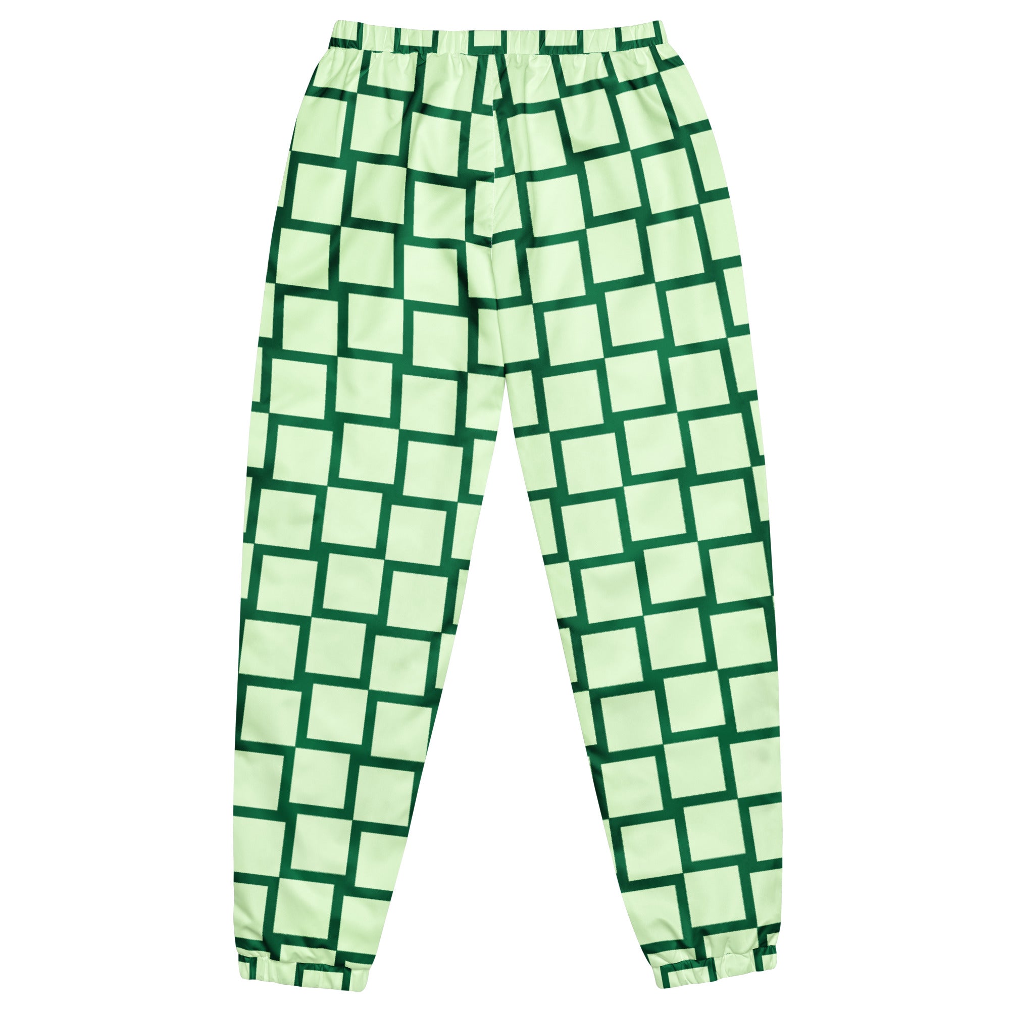 Eine Damen Trainingshose mit einem Schachbrettmuster in hellem Mintgrün und dunklem Grün. Hosenansicht hinten. By Just a Girl