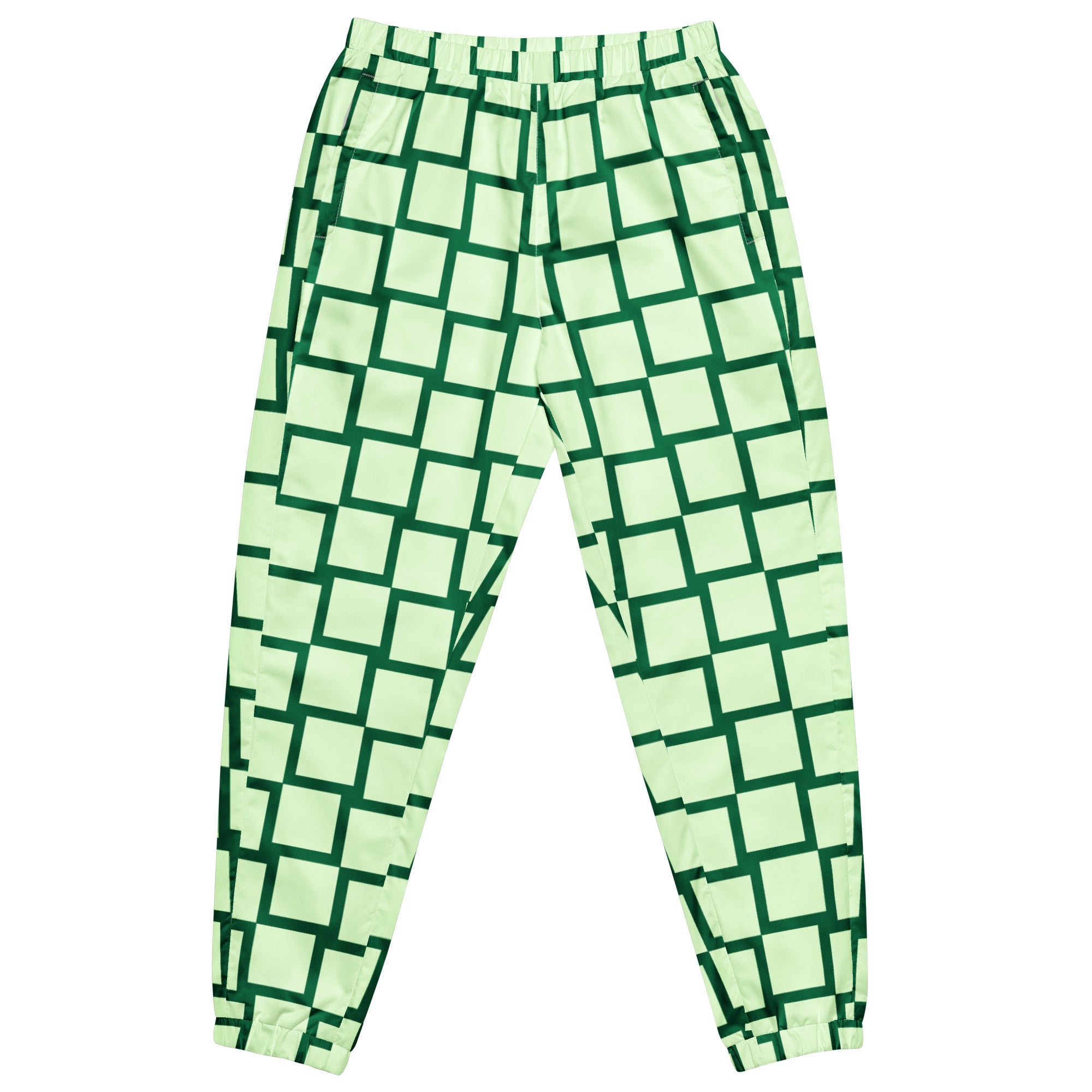 Eine Damen Trainingshose mit einem Schachbrettmuster in hellem Mintgrün und dunklem Grün. Hosenansicht vorne. By Just a Girl