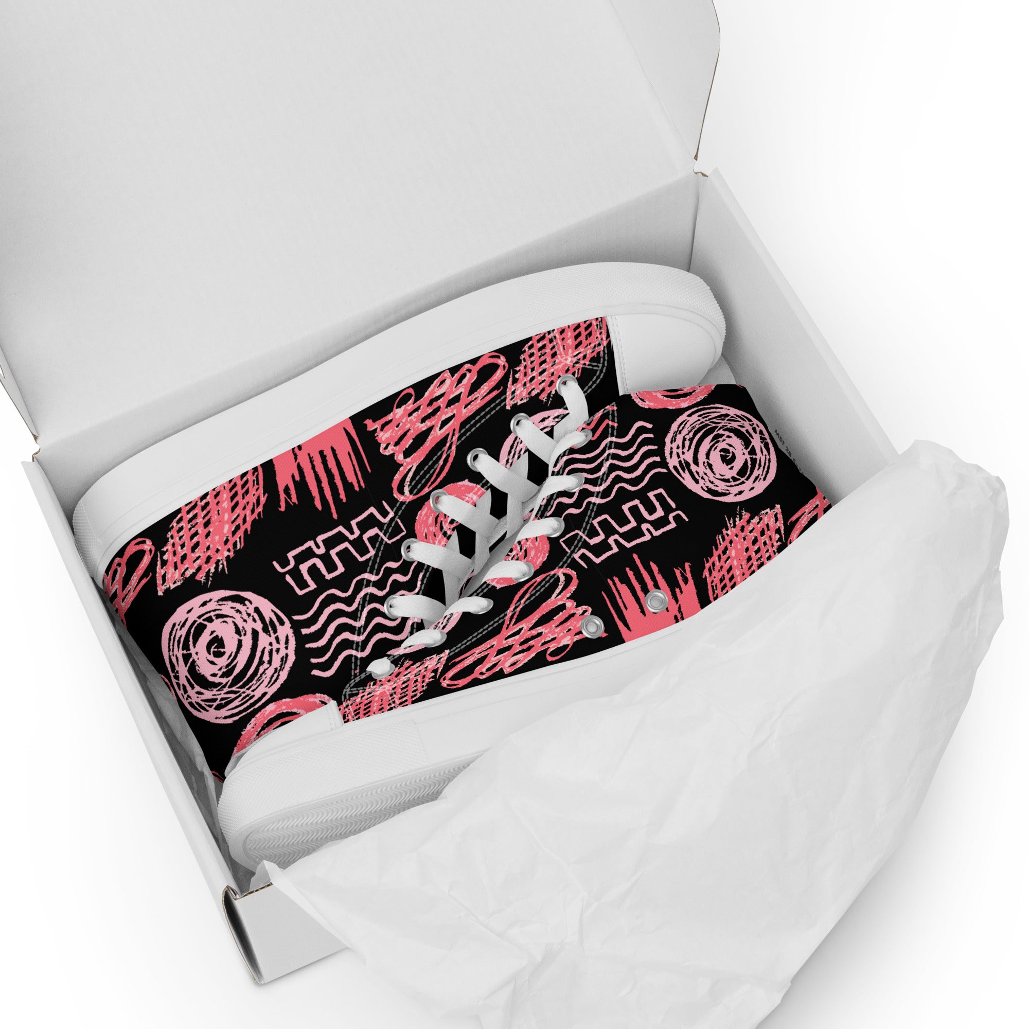 Damen High Top Canvas Scrill Art mit weisser Sohle liegend im Schuhkarton. By Just a Girl.