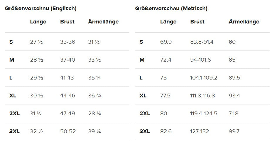 Eine Größentabelle für Damen-Pullover. Die Tabelle zeigt die Maße für verschiedene Größen (von S bis 3XL) für Länge, Brust- und Ärmellänge  in Zentimetern und Inches.