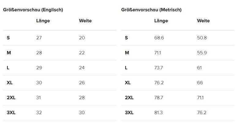 Größentabelle für Damen-Kapuzenpullover. Die Tabelle listet die Maße für die Größen XS bis XL auf, einschließlich Länge und Weite in Zentimetern und Inches.