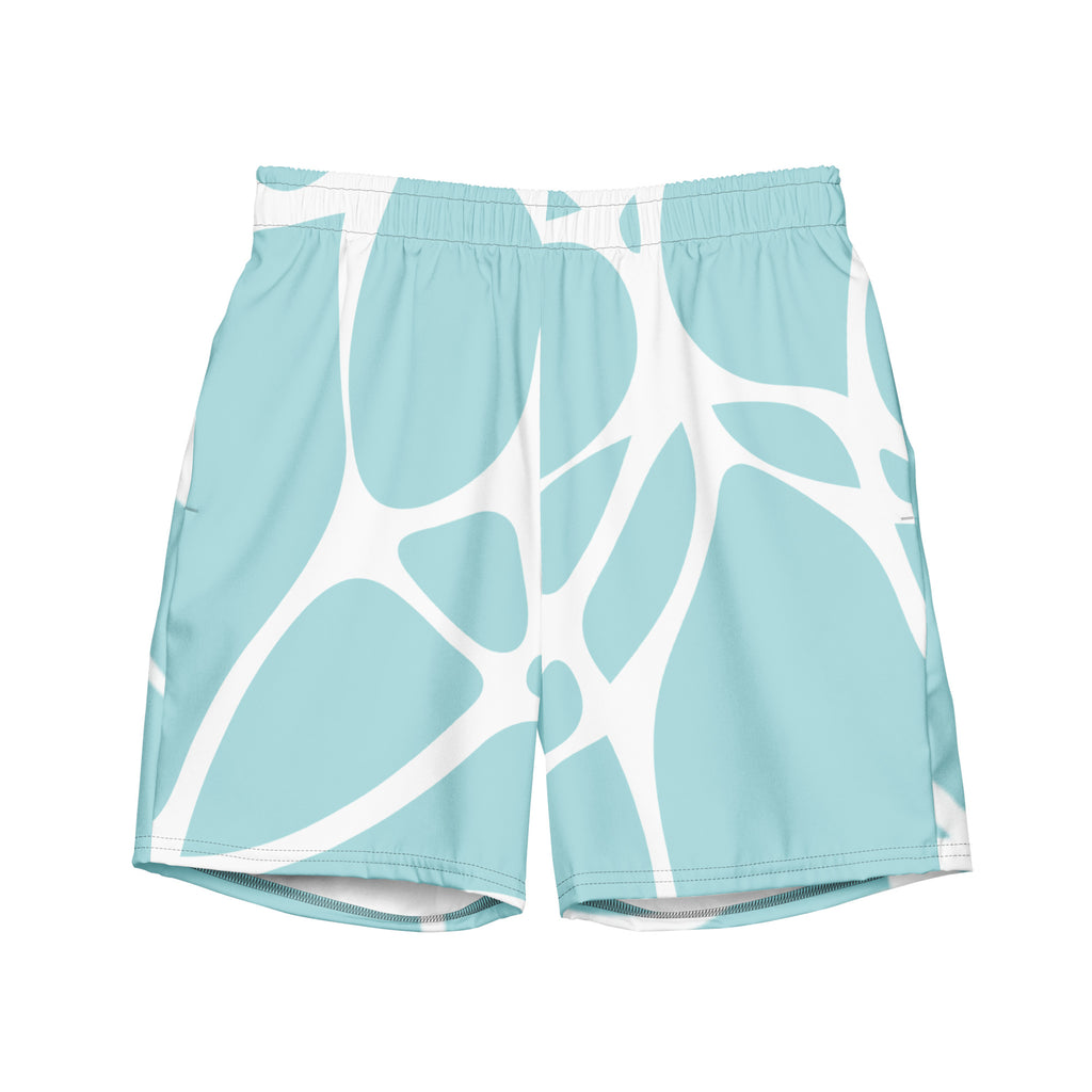 Eine Badeshorts in einem hellen Türkis oder Aquablau mit einem organischen, netzartigen Muster aus dicken, unregelmäßigen weißen Linien, die an ein abstraktes Mosaik oder eine Zellstruktur erinnern. Der Bund ist elastisch und weiß.