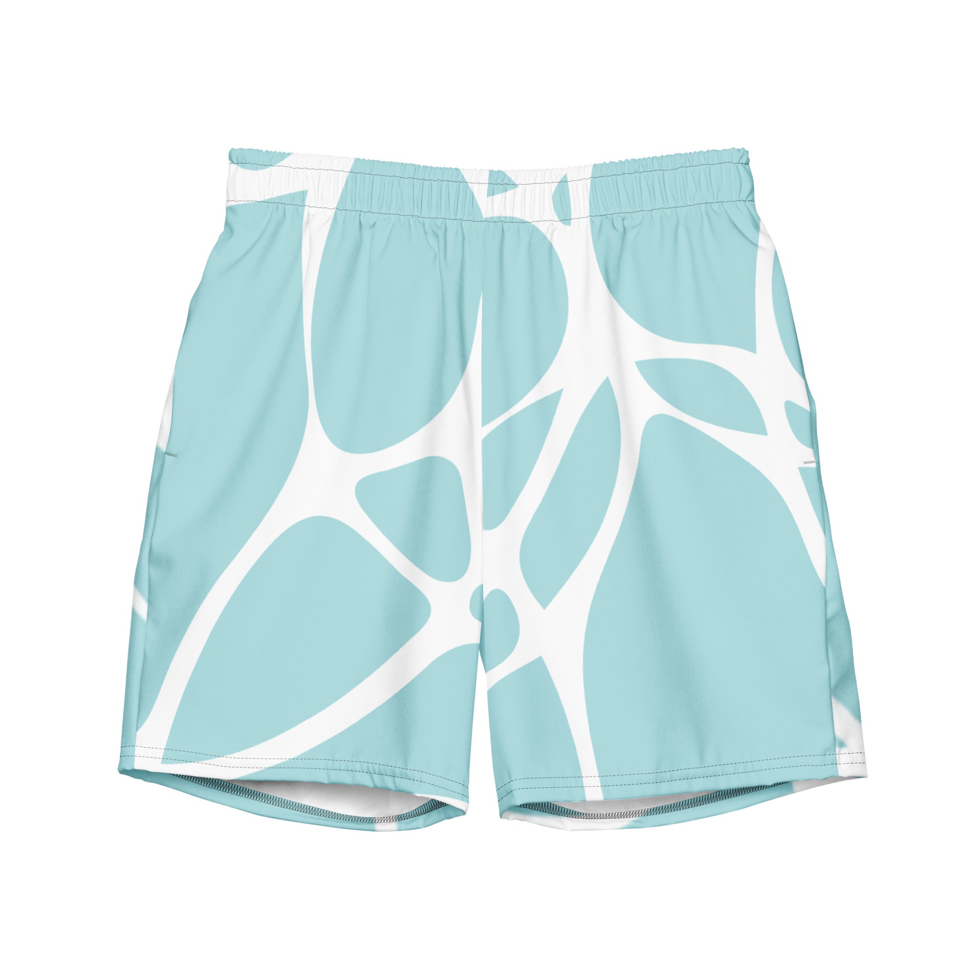 Eine Badeshorts in einem hellen Türkis oder Aquablau mit einem organischen, netzartigen Muster aus dicken, unregelmäßigen weißen Linien, die an ein abstraktes Mosaik oder eine Zellstruktur erinnern. Der Bund ist elastisch und weiß.