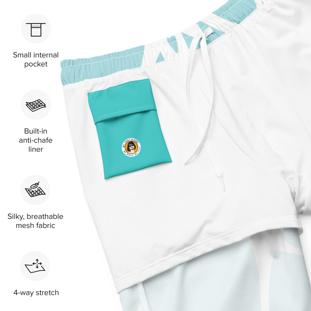 Eine Badeshorts in einem hellen Türkis oder Aquablau mit einem organischen, netzartigen Muster aus dicken, unregelmäßigen weißen Linien, die an ein abstraktes Mosaik oder eine Zellstruktur erinnern. Der Bund ist elastisch und weiß.