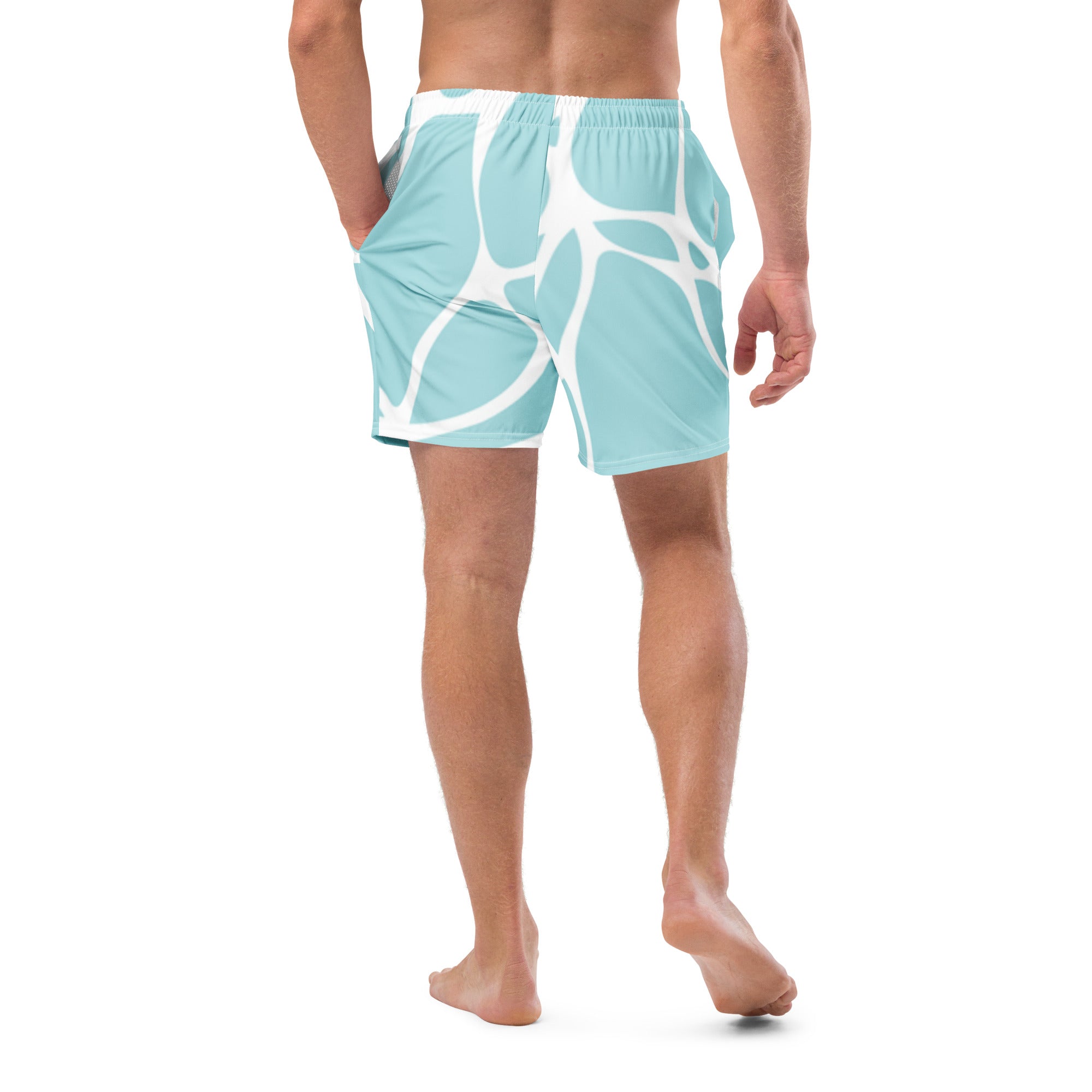 Eine Badeshorts in einem hellen Türkis oder Aquablau mit einem organischen, netzartigen Muster aus dicken, unregelmäßigen weißen Linien, die an ein abstraktes Mosaik oder eine Zellstruktur erinnern. Der Bund ist elastisch und weiß.