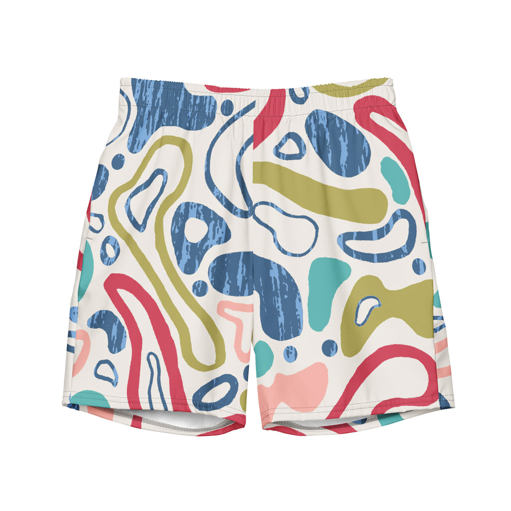 Eine weiße Badeshorts mit einem abstrakten, organischen Muster aus fließenden Linien und Formen in verschiedenen Farben wie Blau, Olivegrün, Rot, Türkis und hellem Rosa. Die Formen haben teilweise eine unregelmäßige, texturierte Füllung. Der Bund ist elastisch und überwiegend weiß mit einem Hauch von Rosa auf der rechten Seite.