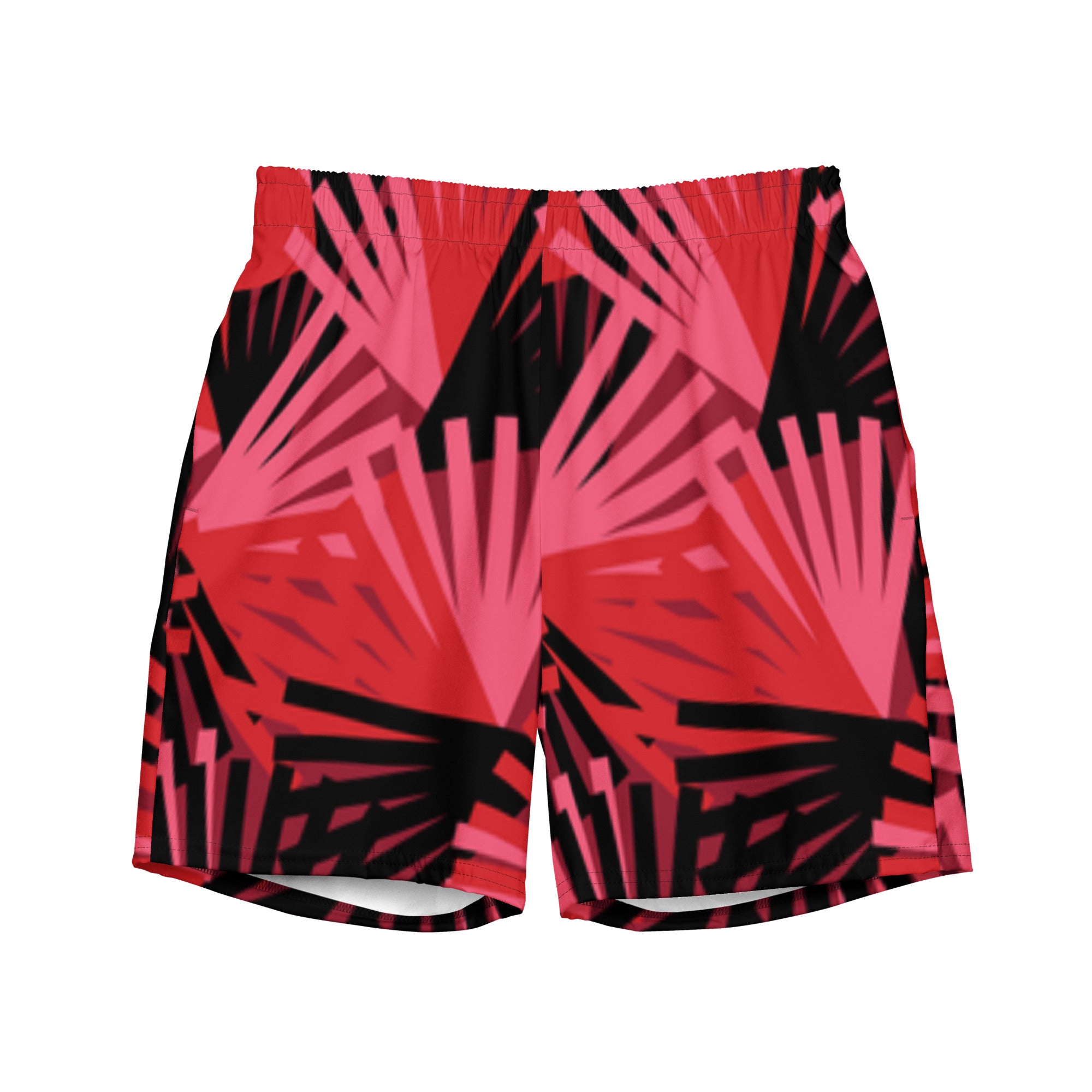 Eine Badeshorts mit einem Muster aus violetten Palmen und anderen stilisierten Pflanzen auf einem hellbeigen Hintergrund mit feinen, horizontalen Linien. Der Bund der Shorts ist elastisch.