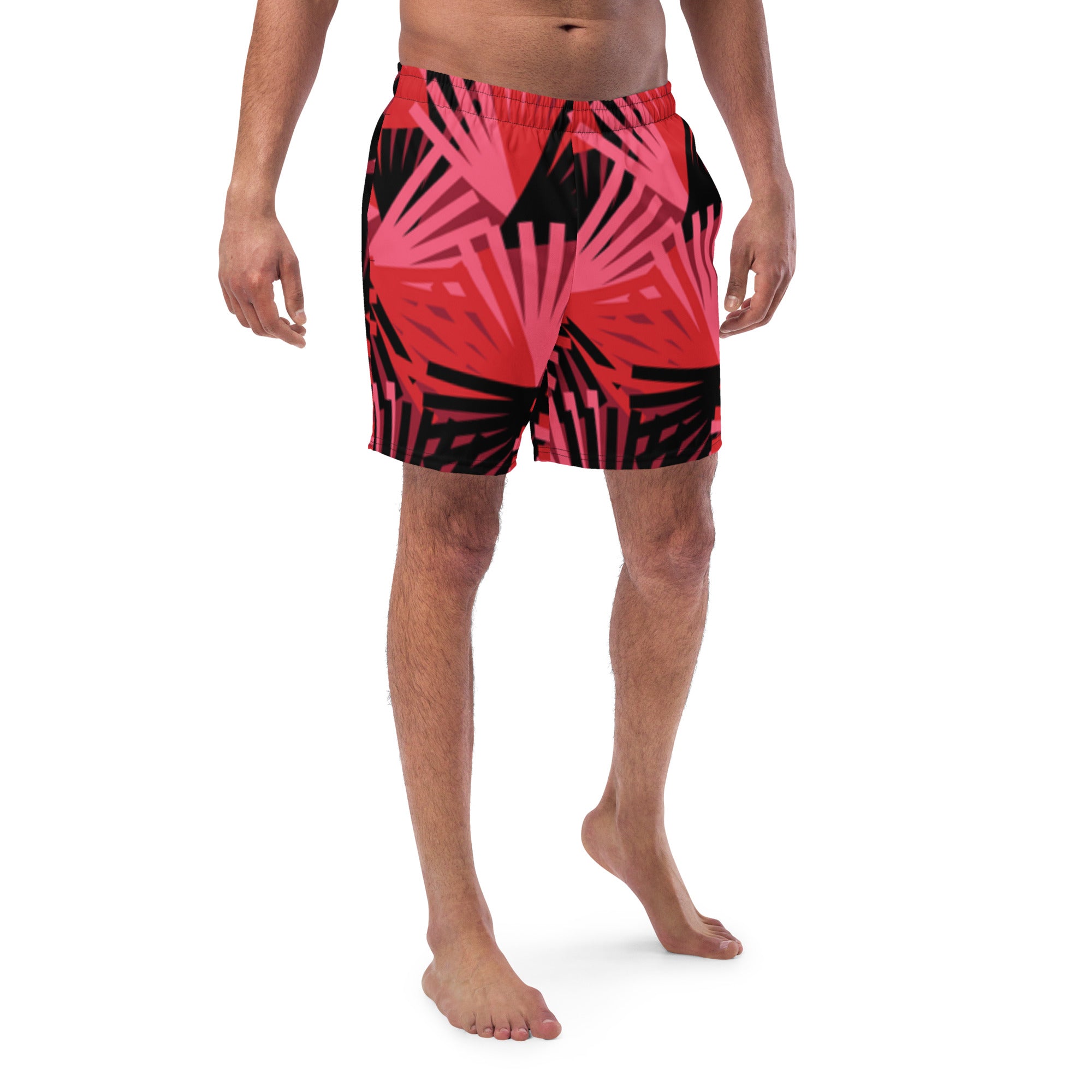 Eine Badeshorts mit einem Muster aus violetten Palmen und anderen stilisierten Pflanzen auf einem hellbeigen Hintergrund mit feinen, horizontalen Linien. Der Bund der Shorts ist elastisch.