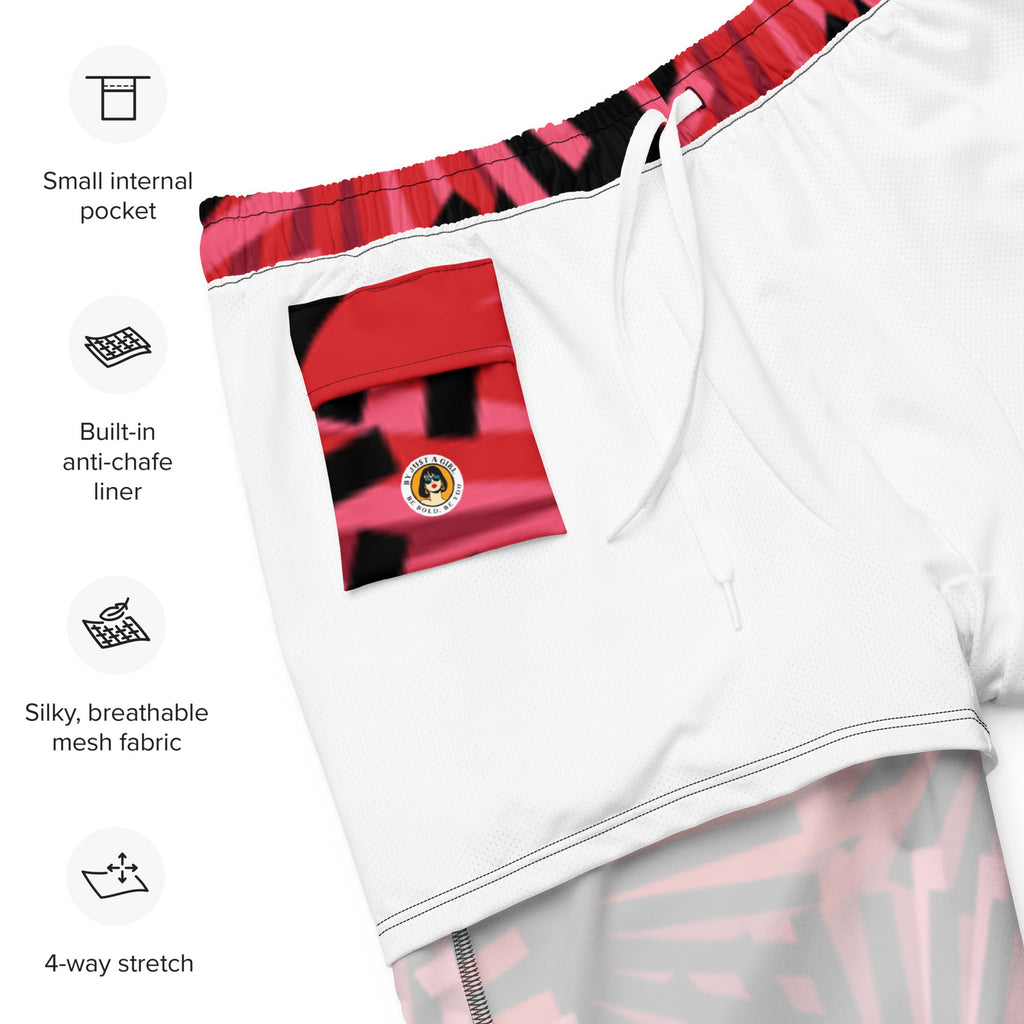 Eine Badeshorts mit einem Muster aus violetten Palmen und anderen stilisierten Pflanzen auf einem hellbeigen Hintergrund mit feinen, horizontalen Linien. Der Bund der Shorts ist elastisch.