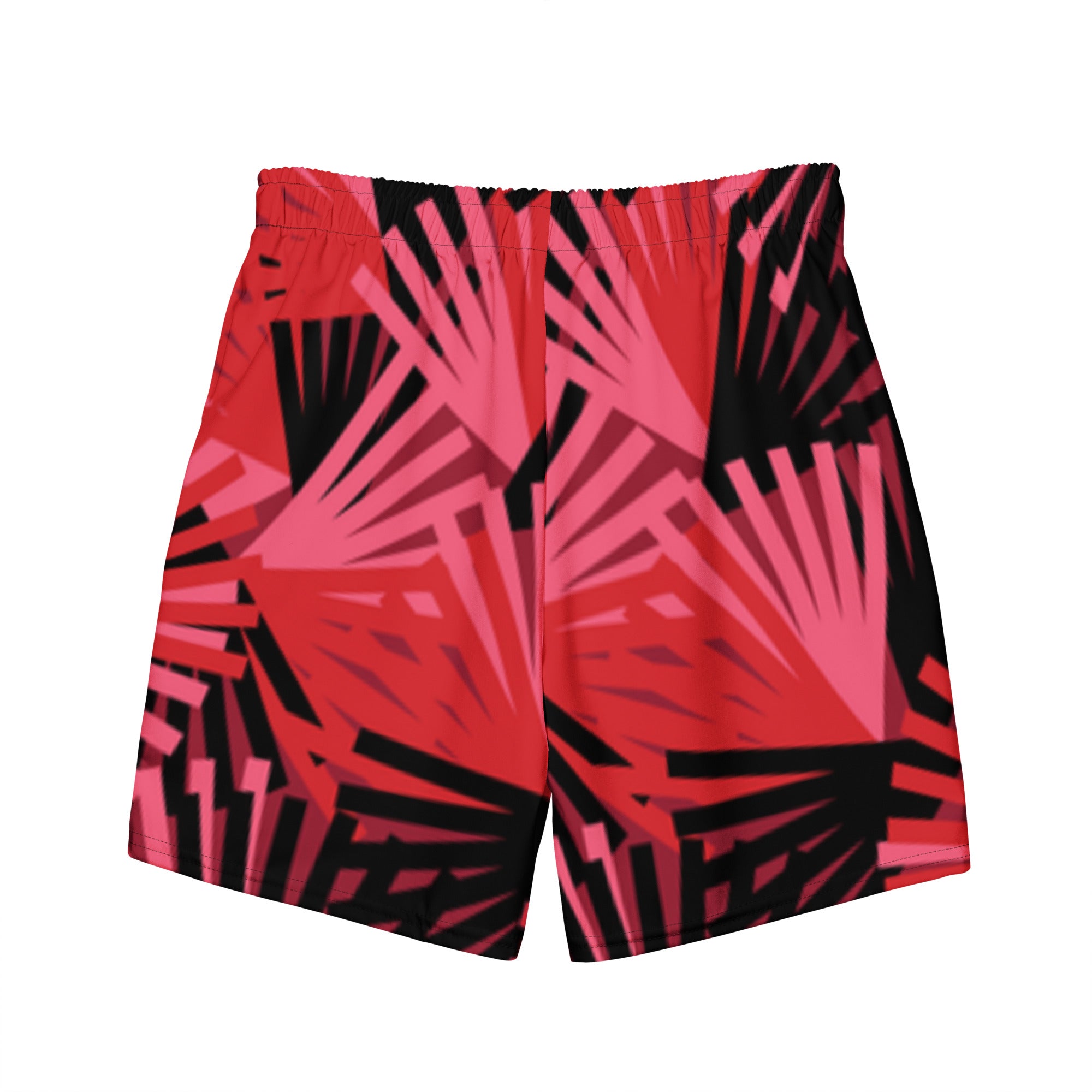 Eine Badeshorts mit einem Muster aus violetten Palmen und anderen stilisierten Pflanzen auf einem hellbeigen Hintergrund mit feinen, horizontalen Linien. Der Bund der Shorts ist elastisch.