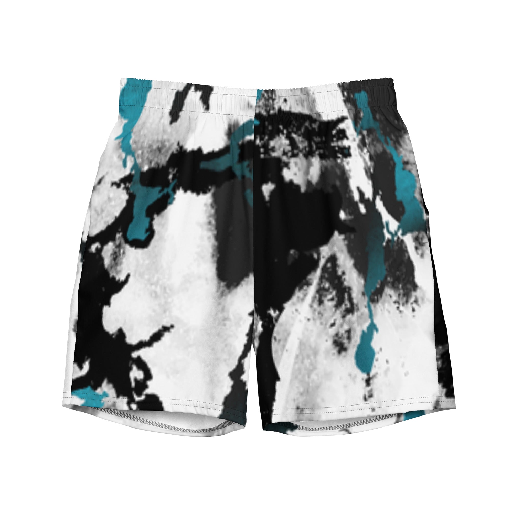 Eine weiße Badeshorts mit einem abstrakten, tintenfleckartigen Muster in Schwarz und leuchtendem Türkis. Der elastische Bund ist farblich passend abgesetzt.