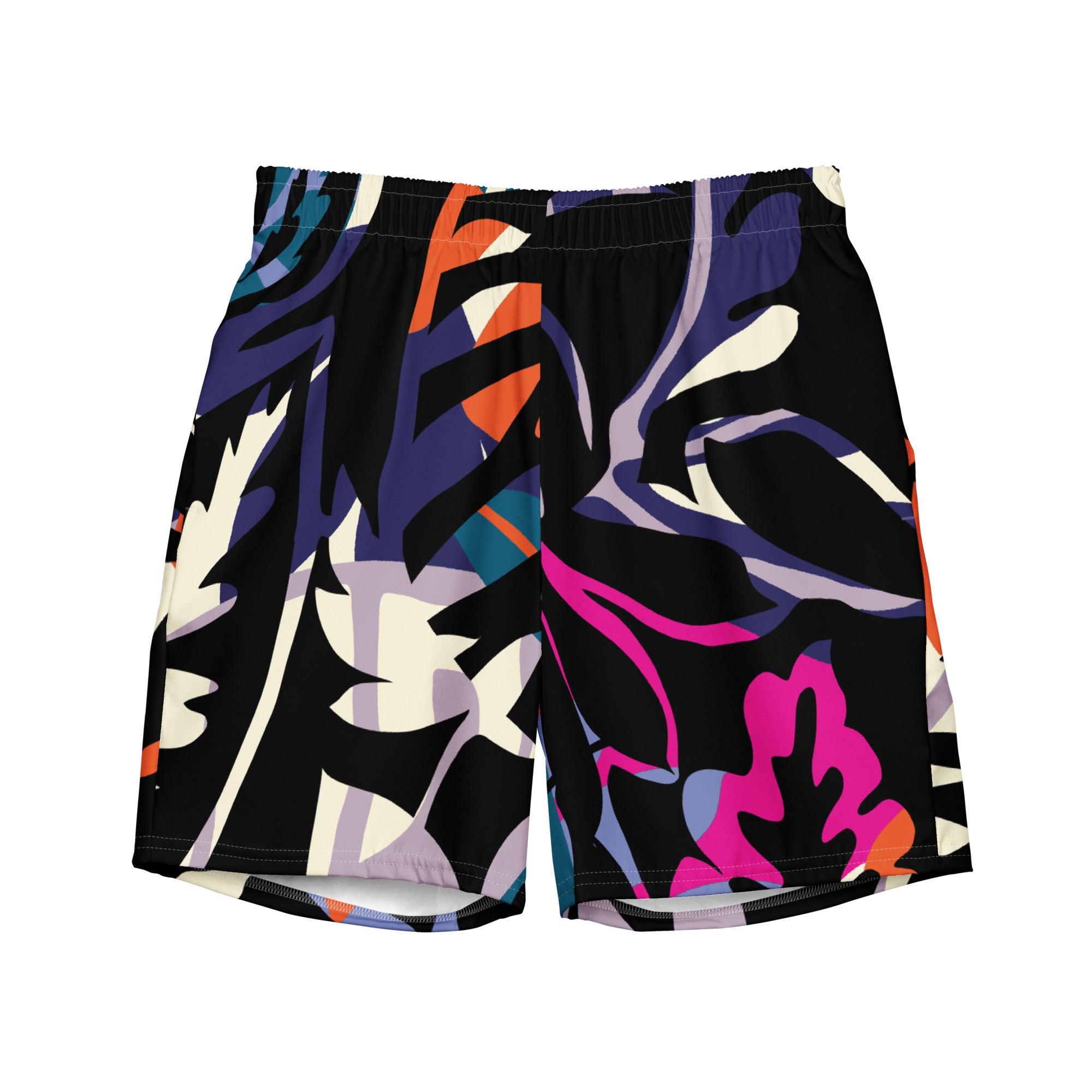 Eine Badeshorts mit einem abstrakten und lebhaften Muster aus stilisierten Blättern und Formen in leuchtenden Farben wie Violett, Orange, Türkis, Pink und Hellblau auf schwarzem Hintergrund. Der Bund der Shorts ist elastisch und schwarz.