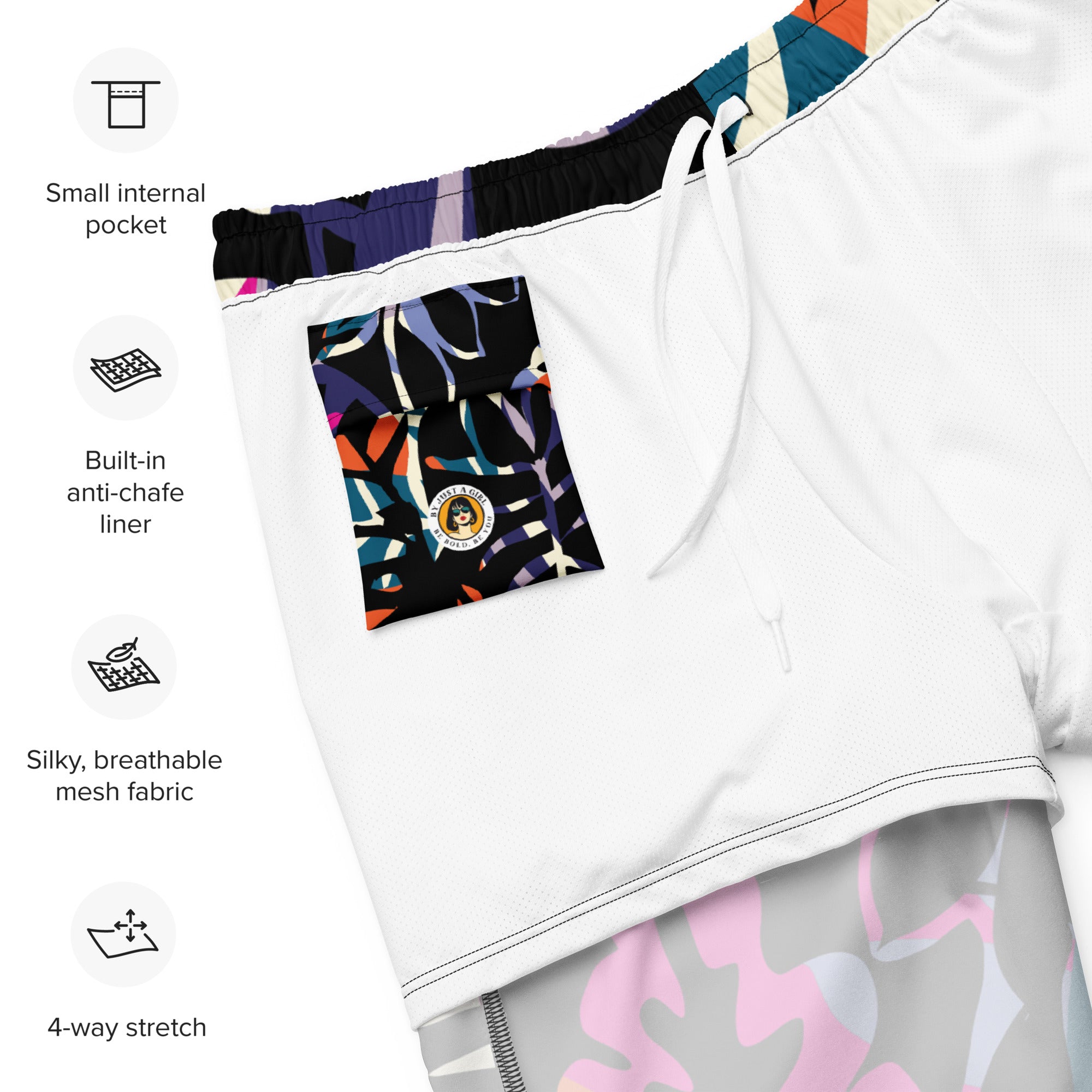 Eine Badeshorts mit einem abstrakten und lebhaften Muster aus stilisierten Blättern und Formen in leuchtenden Farben wie Violett, Orange, Türkis, Pink und Hellblau auf schwarzem Hintergrund. Der Bund der Shorts ist elastisch und schwarz.