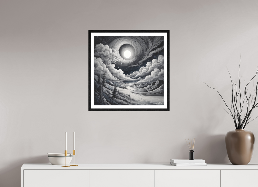 Das Kunstwerk in Schwarz-Weiß mit einem Passepartout Rahmen in Eiche Schwarz hängend oberhalb eines Sideboards als Wanddekoration mit einer sanften grau-beigen Wand. Ein leuchtendes Himmelsauge öffnet sich spiralartig über einer stillen Landschaft. Zeit scheint stillzustehen - zwischen Tag und Nacht, zwischen Traum und Erwachen. Mystisch, friedlich, tief bewegend. Designed, by Just a Girl.