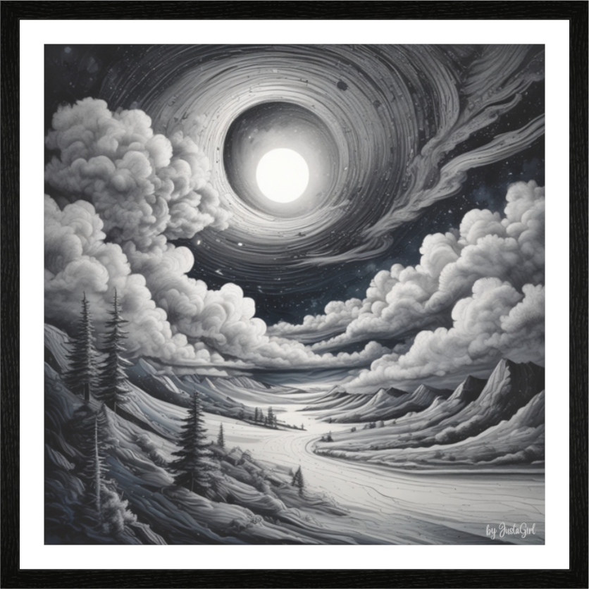 Ein Kunstwerk in Schwarz-Weiß mit einem Passepartout Rahmen in Eiche Schwarz, ein leuchtendes Himmelsauge öffnet sich spiralartig über einer stillen Landschaft. Zeit scheint stillzustehen - zwischen Tag und Nacht, zwischen Traum und Erwachen. Mystisch, friedlich, tief bewegend. Designed, by Just a Girl.