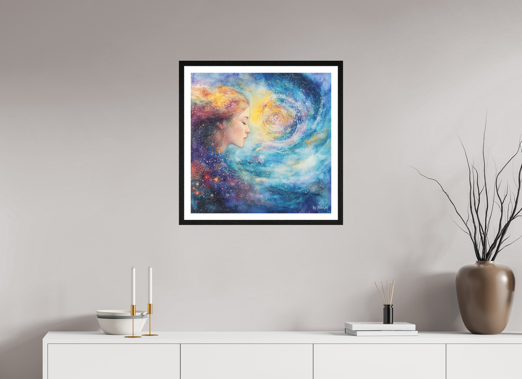 Das Kunstwerk "Wenn der Weg stimmt", gerahmt in Schwarz, zeigt das Profil einer Frau mit geschlossenen Augen. Haar und Körper gehen in eine farbenfrohe, wirbelnde Galaxie über. Leuchtende Orange-, Rot-, Gelb- und Blautöne, gesprenkelt mit Sternen und Mustern, führen zu einem hellen, zentralen Licht. Designed, Das Bild hängt an einer hellen grau-beigen Wand oberhalb eines weissen Sidboards. Designed, by Just a Girl