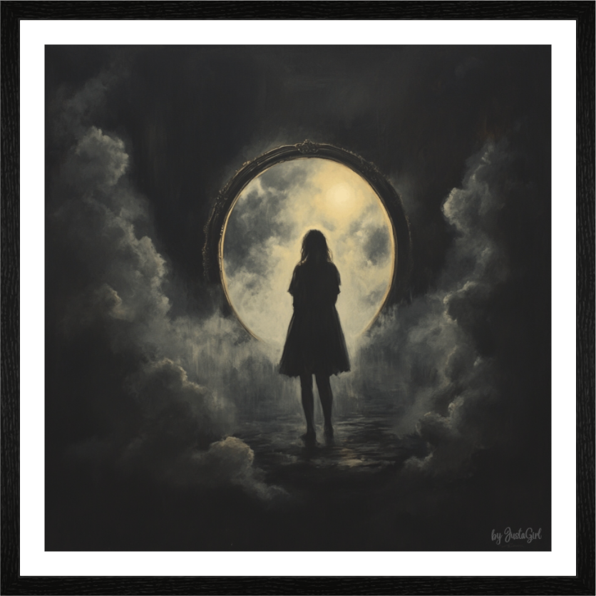 Kraftvolles Wandbild über Transformation: Eine Figur tritt aus dem Schatten ins Licht durch ein goldenes anitikes Tor- Symbol für Mut, Selbsterkenntnis und den Neubeginn des Selbst. Der Rahmen ist in Eiche Schwarz mit Passepartout in Weiss gehalten. Designed, by Just a Girl.