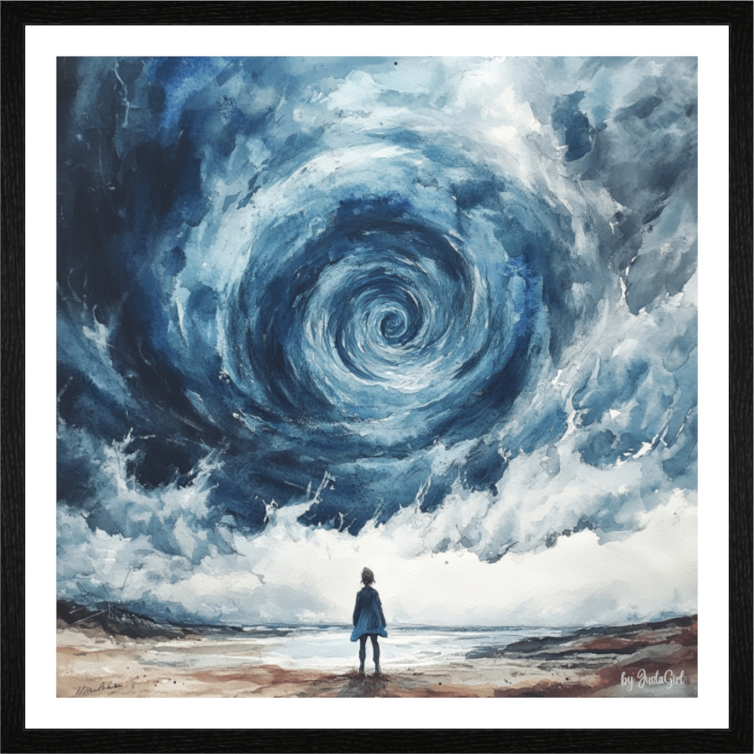 Das Werk "The Eye oft the Storm": Ausdruck innerer Stärke inmitten des Chaos - ein Symbol für Wandel, Krisen und stille Kraft i Zentrum des Sturms.