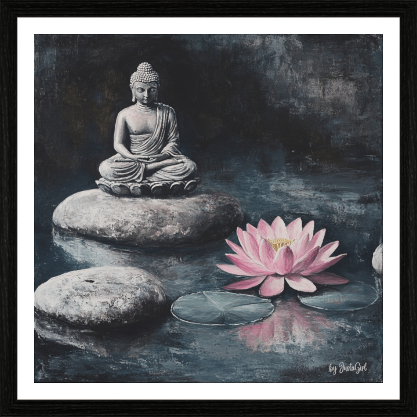 Mit unserem faszinierenden Gemälde "Frieden &amp; Harmonie". Dieses Kunstwerk zeigt einen meditierenden Buddha, der auf einem Stein im ruhigen Wasser sitzt, umgeben von einer Lotusblüte, die sich zart und spiegelnd im Wasser widerspiegelt. Die sanften rosa Töne verleihen diesem Gemälde eine ruhige und beruhigende Atmosphäre, die jeden Raum in eine Oase der Entspannung verwandelt. Designed, by Just a Girl.