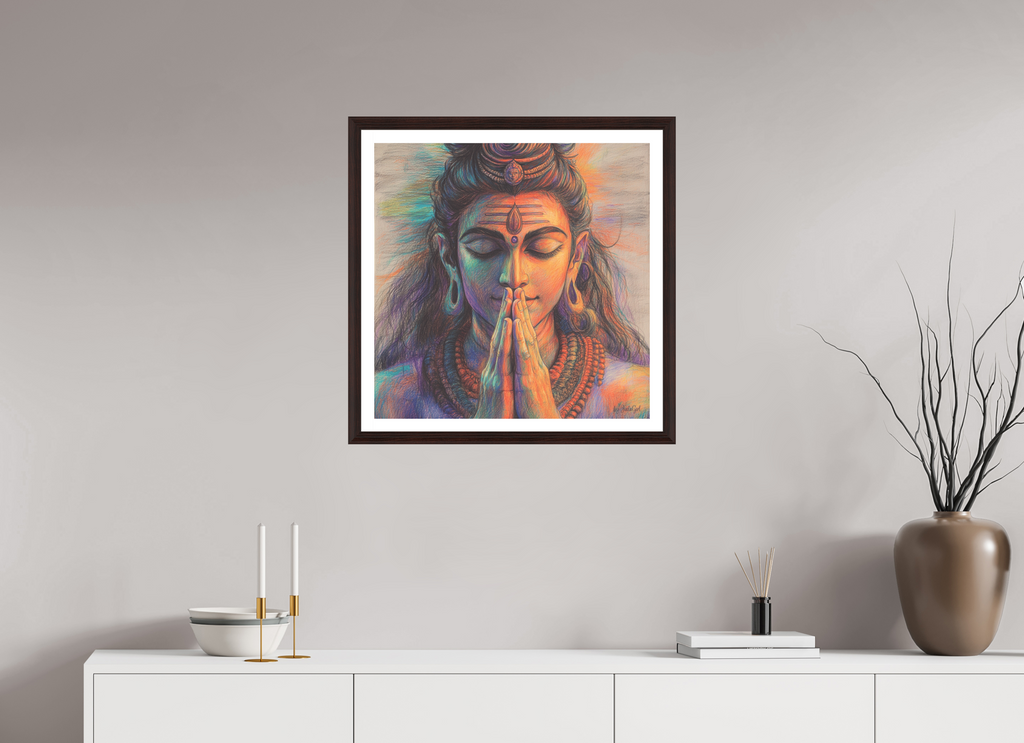 Dieses Werk ist eine visuelle Meditation. Die geschlossenen Augen, die gefalteten Hände, die sanften Farben - all das lädt dich ein, dich nach innen zu wenden. Es geht um Hingabe, Achtsamkeit und darum, in der eigenen Mitte Frieden zu finden - jenseits von Lärm und Erwartungen.
Ein Moment purer Verbundenheit dem dem Selbst. Hängend oberhalb eines weißen Sideboards mit minimalistischer Dekoration an einer sanften grau-beigen Wand mit einem Holzrahmen in Erle braun. Designed, byj Just a Girl 