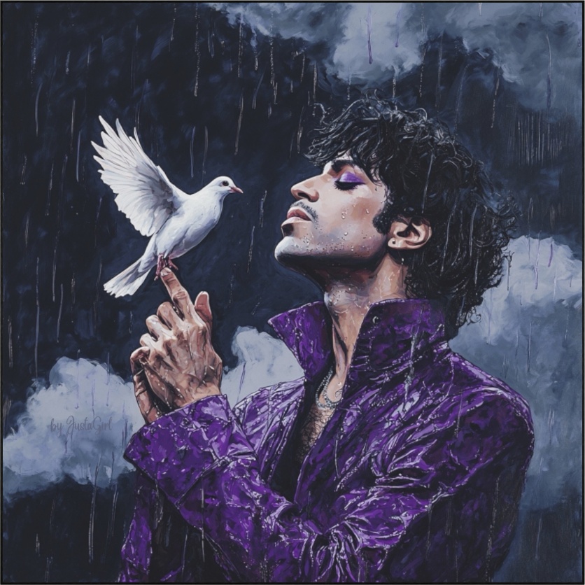 Ein figuratives Kunstwerk mit dem Titel "Purple Prince", das eine Hommage an den Musiker Prince darstellt. Im Vordergrund ist Prince zu sehen, der eine lila Lederjacke trägt und dessen Augen geschlossen sind, während er auf eine weiße Taube blickt. Die Taube sitzt auf seinen Fingern und hat ihre Flügel weit ausgebreitet. Der Hintergrund zeigt einen dunklen Himmel mit grau-weißen Wolken, aus denen Regen fällt. Das Bild fängt eine ruhige und doch symbolträchtige Szene ein. Designed, by Just a Girl