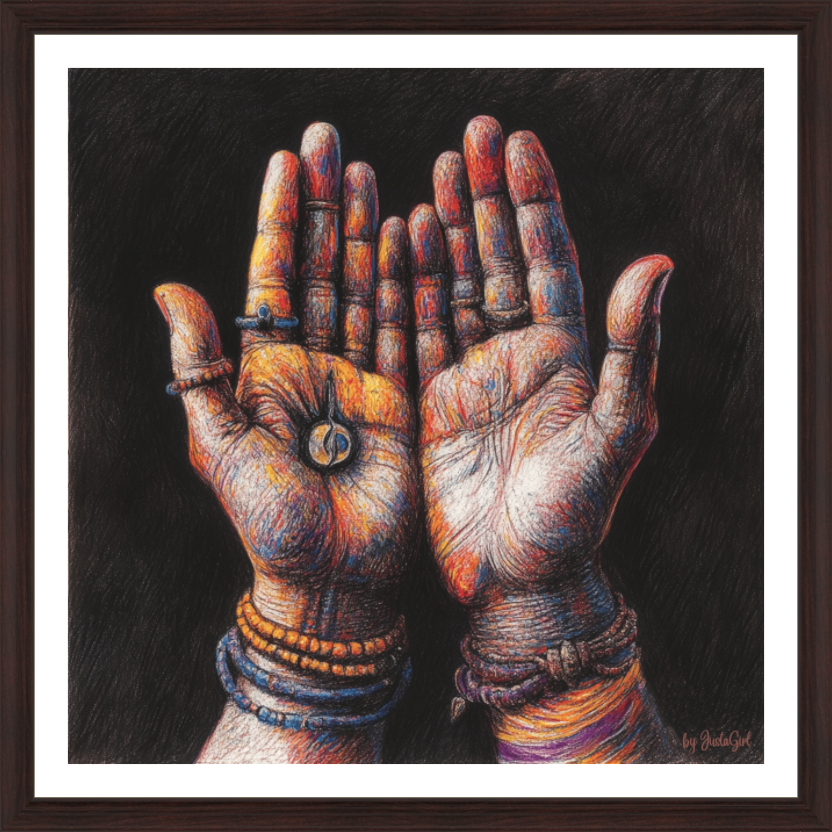 Diese Hände erzählen Geschichten - vom Leben, von Erfahrungen, von Weisheit. Sie sind geöffnet, aber nicht leer: Sie tragen Symbole, Energie, Erinnerung. Ein stilles Ritual, das verbindet. Zwischen Erde und Himmel, Mensch und Göttlichem. Ein Kunstwerk, das dich auffordert, nicht nur zu nehmen - sondern auch zu geben. Und vor allem: zu vertrauen. Designed, by Just a Girl