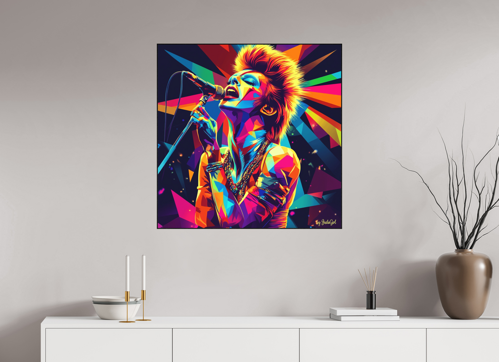 Eine Explosion aus Farbe, Klang und Gefühl - dieses Werk feiert die rebellische Energie und das kosmische Charisma eine Musik-Ikone. Inmitten geometrischer Flächen wird die kraftvolle Präsenz lebendig, fast greifbar. Es ist mehr als ein Porträt - es ist ein visuelles Echo eines Genies, das nie von dieser Welt war, aber sie für immer verändert hat. An der Wand hängend oberhalb eines weissen Sideboards mit minimalistischer Dekoration und eine sanften grau-beigen Wandfarbe. Designed, by Just a Girl.