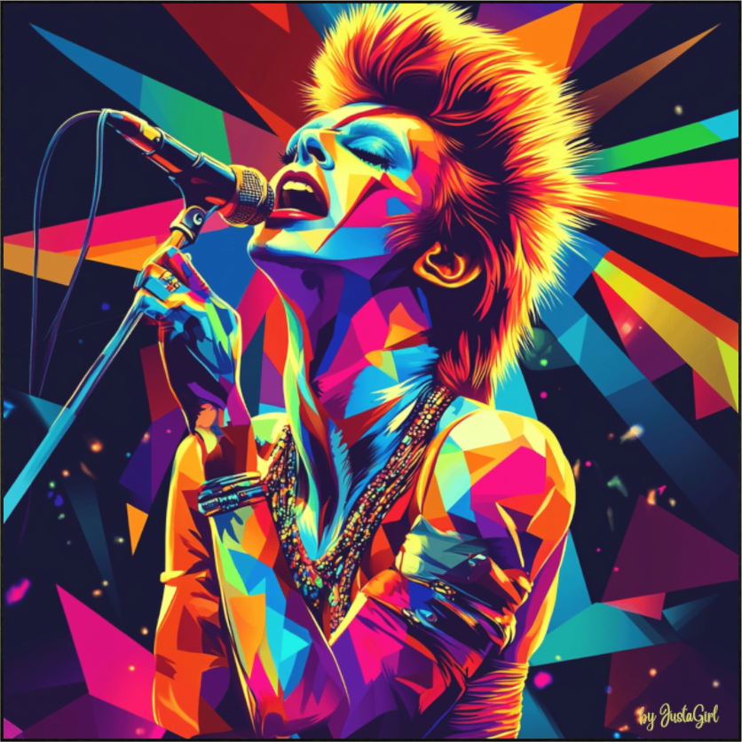 Eine Explosion aus Farbe, Klang und Gefühl - dieses Werk feiert die rebellische Energie und das kosmische Charisma eine Musik-Ikone. Inmitten geometrischer Flächen wird die kraftvolle Präsenz lebendig, fast greifbar. Es ist mehr als ein Porträt - es ist ein visuelles Echo eines Genies, das nie von dieser Welt war, aber sie für immer verändert hat. Designed, by Just a Girl