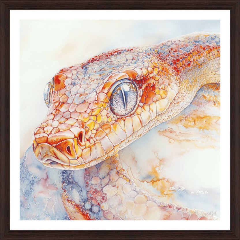 Das Kunstwerk "The Acient One" - stilisierte Schlange mit klar gezeichnetem Kopf und leicht verschwommenem Körper, in Orange-Beige mit dunklen Blauakzenten, vor cremigem, weichem Hintergrund. Symbol für Transformation, Erneuerung und uralte Weisheit. Designed, by Just a Girl.