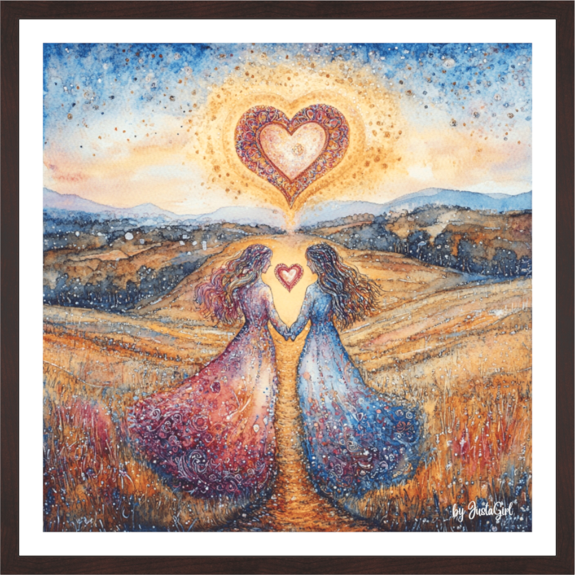 Wandbild "Twins": Ausdruck tiefer Seelenverbindung - zwei Körper, ein Herz, eine Energie. Ein Symbol für Liebe, Einheit und spirituelles Erwachen. Designed, by Just a Girl