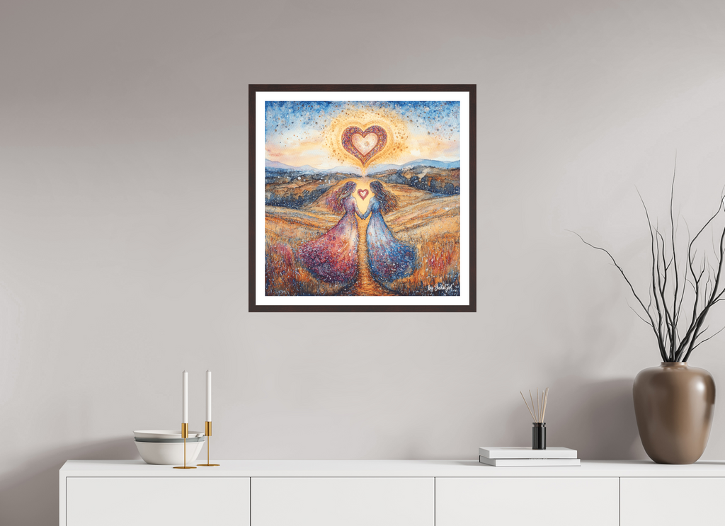 Das Kunstwerk  "Twins": Ausdruck tiefer Seelenverbindung - zwei Körper, ein Herz, eine Energie. Ein Symbol für Liebe, Einheit und spirituelles Erwachen häng an einer grau-beigen Wand oberhalb eines weißen Sideboards mit minimalistischen Dekorationen. Designed, by Just a Girl