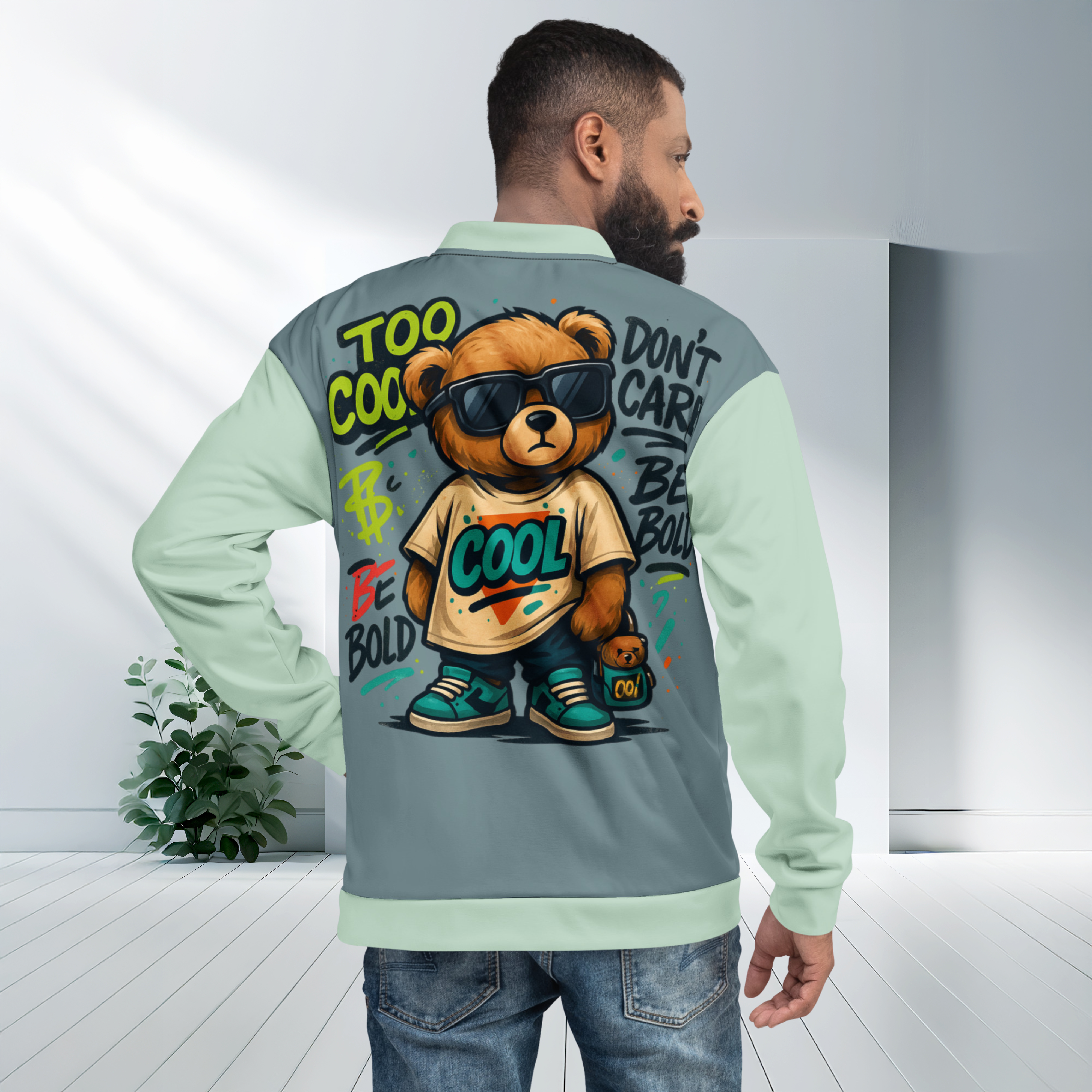 Streetwear Jacke in salbei-smokey grün  mit großem Street Bear Print im Retro Cool Look, getragen von einem männlichen Model; leuchtende Schriftzug in "Too Cool sowie ein Dollazeichen in kräftiger Limettenfarbe und schwarzen outlines, setzen starke Kontraste zu den schwarzen Graffiti Tags "Be Bold" und "Don´t Care" - markanter Urban Style mit Statement Charakter.