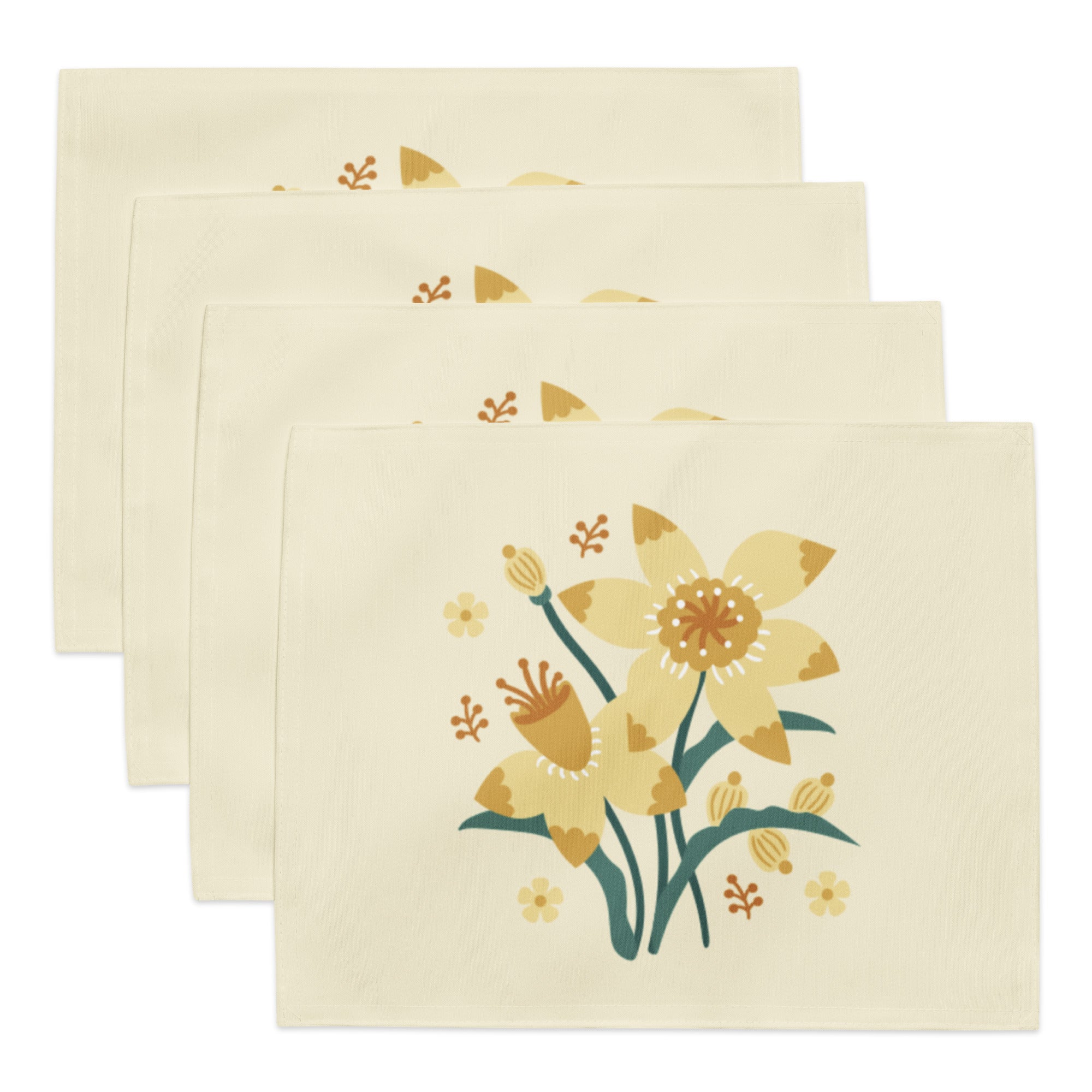 Set aus vier rechteckigen cremefarbenen Tischuntersetzern mit einer zentralen floralen Illustration von gelben Narzissen und kleinen orangen Blüten