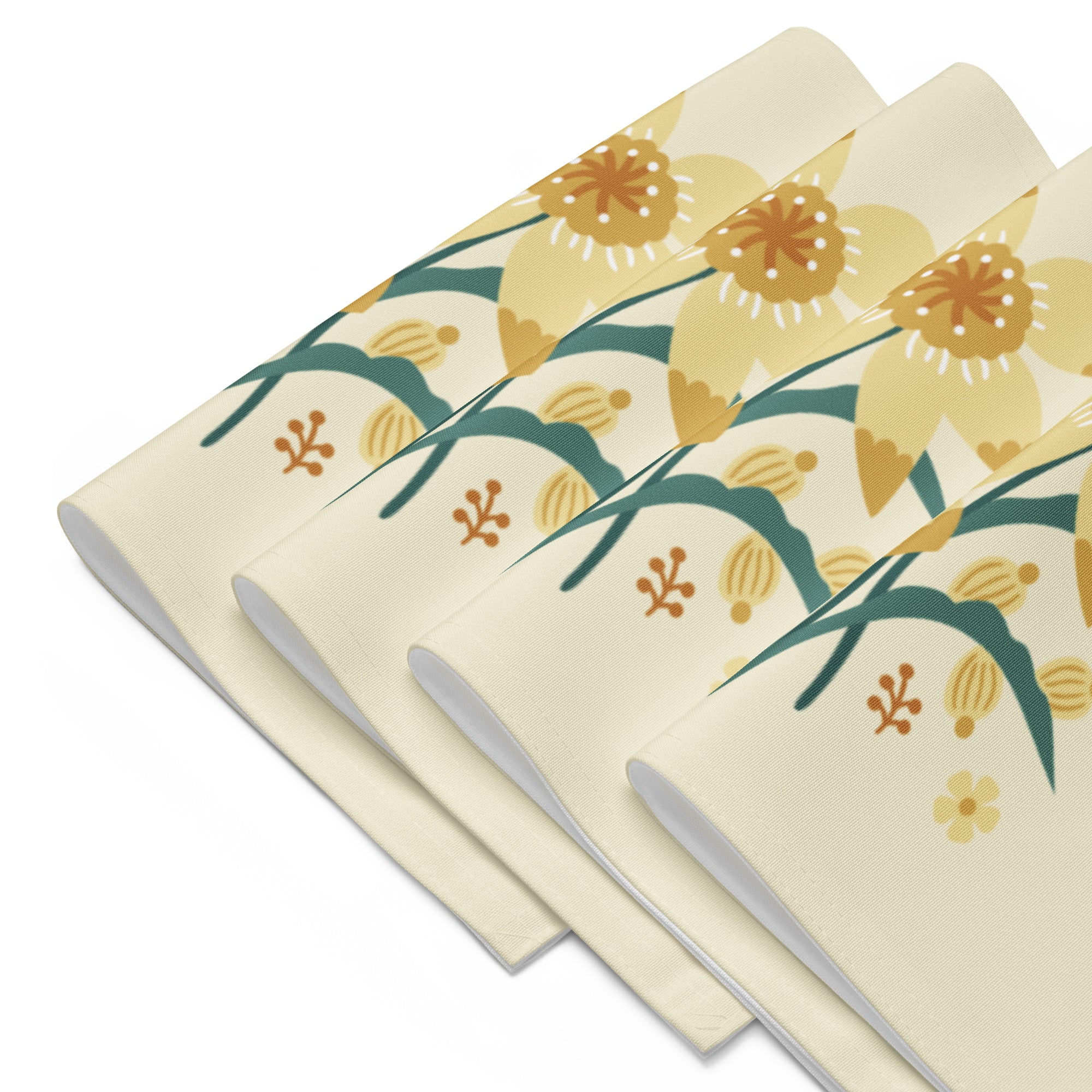 Set aus vier rechteckigen cremefarbenen Tischuntersetzern mit einer zentralen floralen Illustration von gelben Narzissen und kleinen orangen Blüten