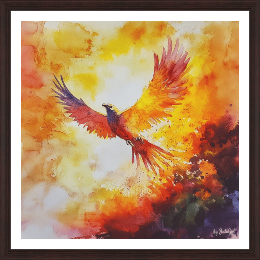 Das Kunstwerk "Rebirth trough Fire" - stilisierter Phoenis mit weit gespannten Flügeln, aufsteigend aus Feuer und Asche. Symbol für Wiedergeburt, Transformation und innere Stärke. Designed, by Just a Girl.