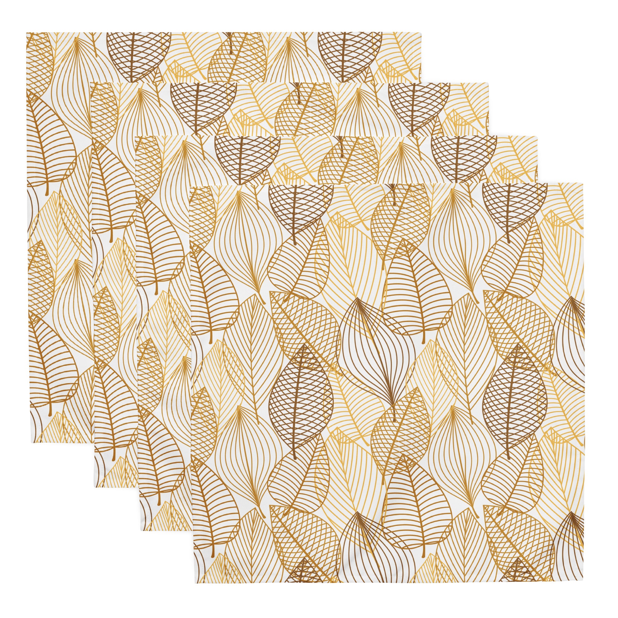 Ein Set aus vier Stoff-Servietten, freigestellt auf weißem Hintergrund. Das Muster zeigt stilisierte Blätter in verschiedenen Gold- und Brauntönen. Einige Blätter sind nur durch feine Linien gezeichnet, andere sind mit einem gekreuzten Muster gefüllt.