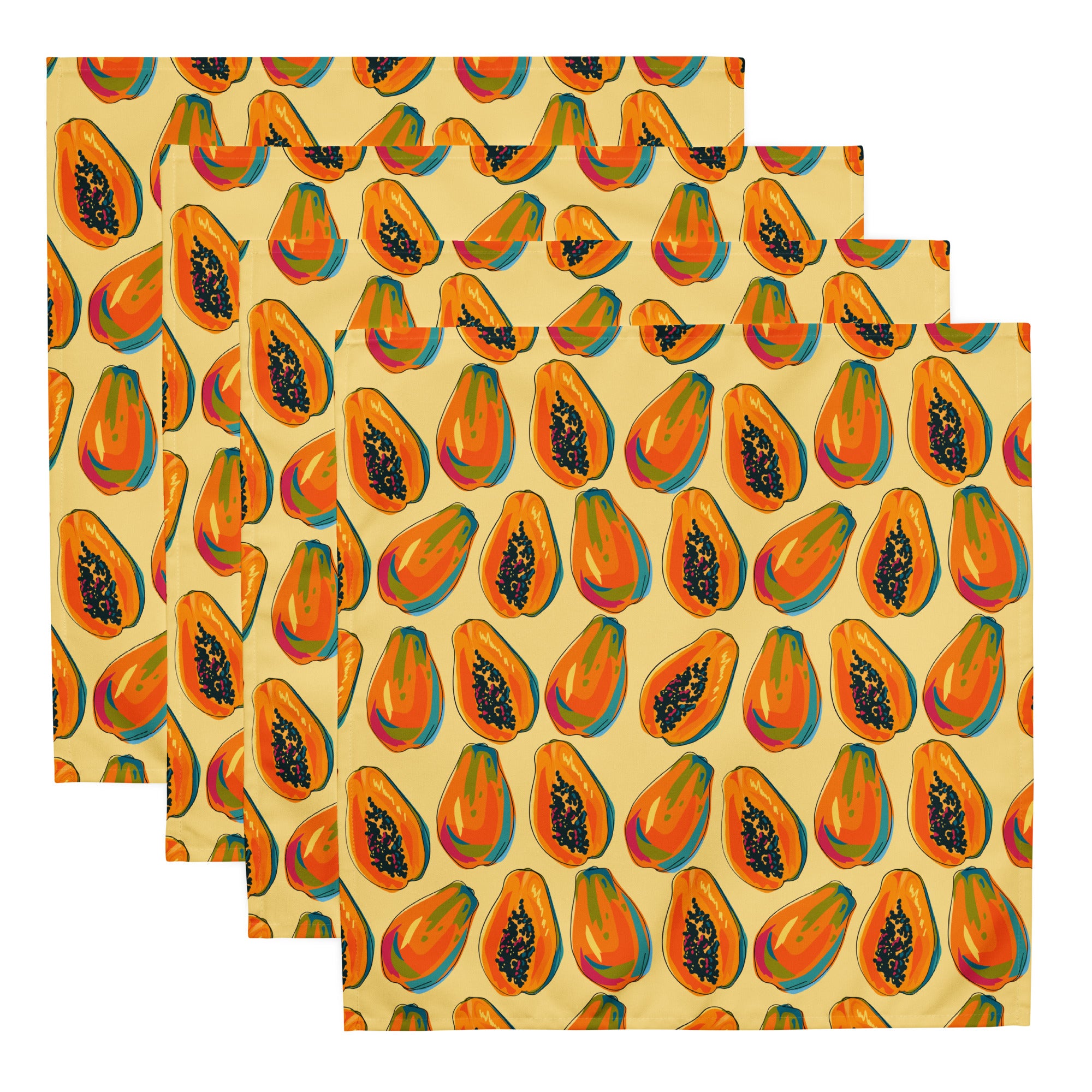 Ein Set aus vier  Stoff-Servietten, freigestellt auf weißem Hintergrund. Das Muster zeigt eine Mischung aus ganzen und halben Papayas in leuchtenden Orange-, Rot- und Blautönen mit schwarzen Kernen. Der Hintergrund der Servietten ist einfarbig gelb.