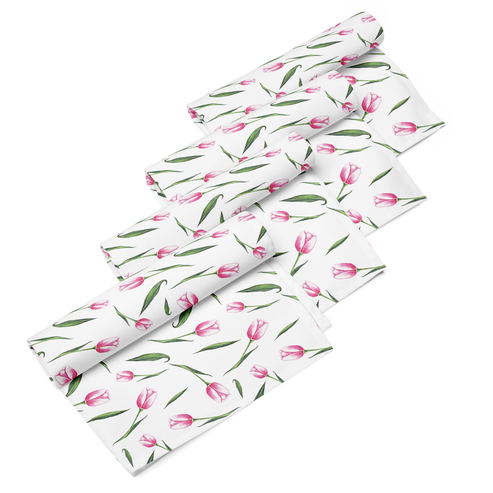 Ein Set aus vier Stoff-Servietten, gerollte ansicht freigestellt auf weißem Hintergrund. Der weiße Hintergrund ist mit einer Streuung aus zarten, rosa Tulpen bedruckt, deren Stängel und Blätter in frischem Grün gehalten sind.