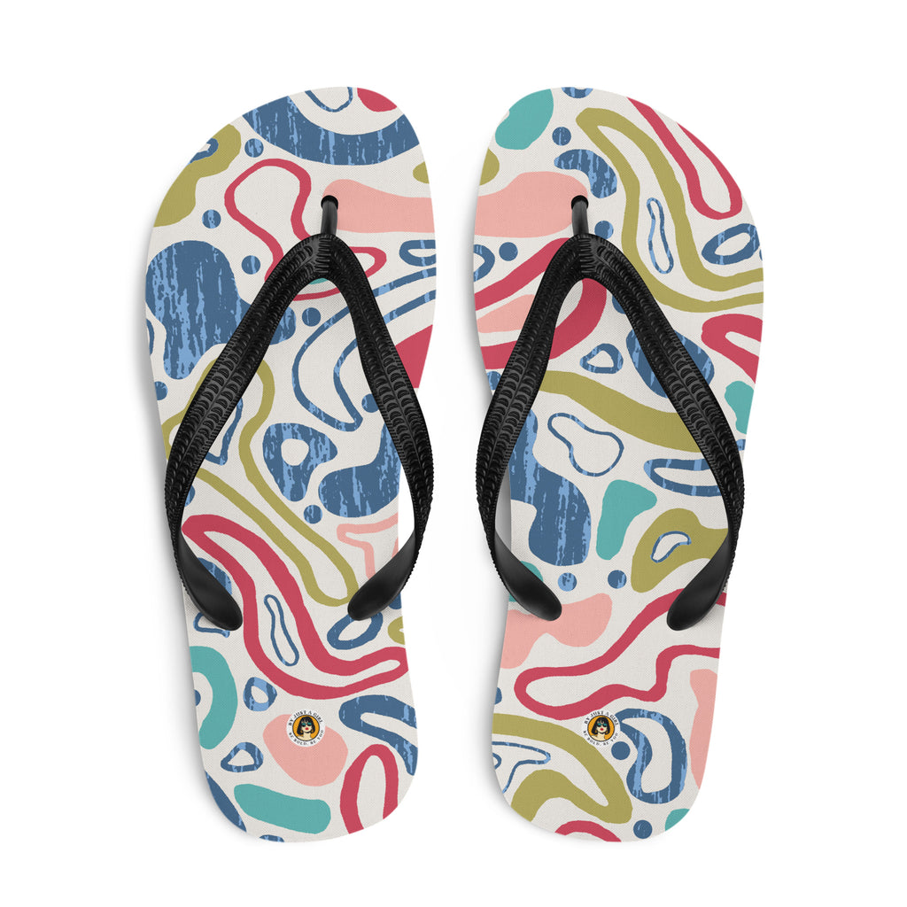 Ein Paar schwarze Herren-Flip-Flops mit einem Obermaterial, das ein lebhaftes, abstraktes und fließendes Muster auf einem hellen Hintergrund zeigt. Das Muster besteht aus geschwungenen Linien und organischen Formen in verschiedenen Farben wie Rot, Blau, Rosa, Olivgrün und Türkis. Die Riemen sind schwarz und haben eine strukturierte Oberfläche.