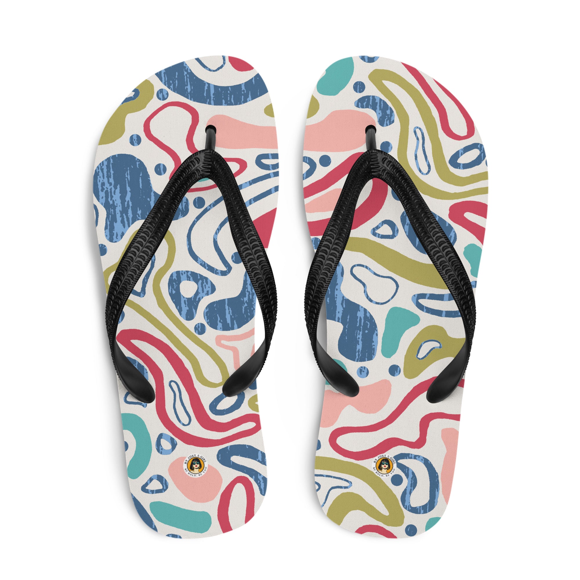 Ein Paar schwarze Herren-Flip-Flops mit einem Obermaterial, das ein lebhaftes, abstraktes und fließendes Muster auf einem hellen Hintergrund zeigt. Das Muster besteht aus geschwungenen Linien und organischen Formen in verschiedenen Farben wie Rot, Blau, Rosa, Olivgrün und Türkis. Die Riemen sind schwarz und haben eine strukturierte Oberfläche.