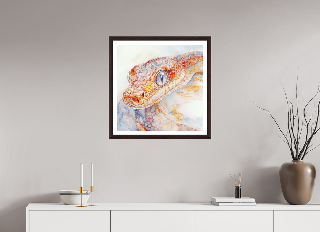 Das Kunstwerk "The Acient One" - stilisierte Schlange mit klar gezeichnetem Kopf und leicht verschwommenem Körper, in Orange-Beige mit dunklen Blauakzenten, vor cremigem, weichem Hintergrund. Symbol für Transformation, Erneuerung und uralte Weisheit. Hängend an der Wand oberhalb eines weißen Sideboards mit minimalischer Dekoration und einer sanften grau-beigen Wand. Designed, by Just a Girl.