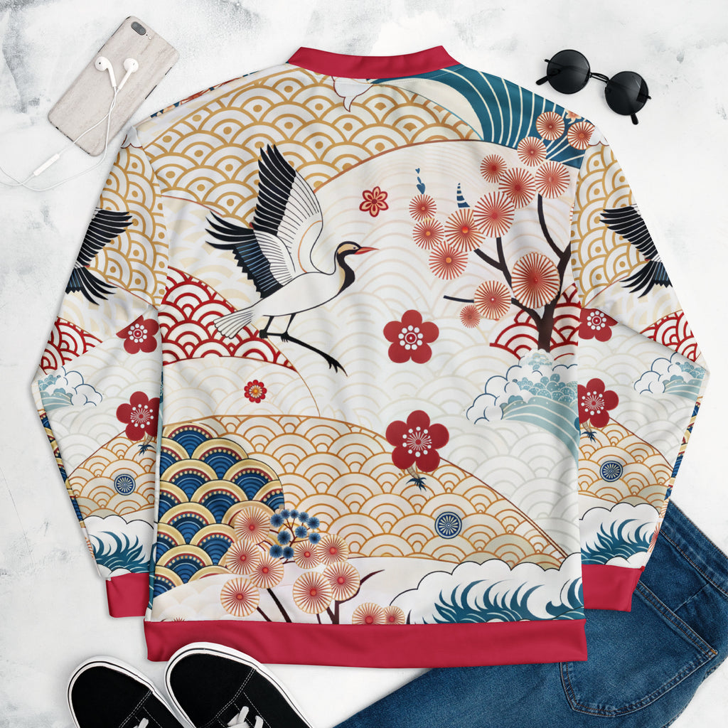 Hier liegt zur Dekoration mit Jeans und Sneakern eine kunstvoll zur Rückenansicht eine designte Jacke mit japanischen inspiriertem Muster. Die Jacke zeigt florale Kirschblüten, stilisierte Wellen, goldene Fächer Elemente und einen Kranich auBeigen Wellen Hintergrund mit roten Akzenten an Kragen, Bündchen und Taschen. By Just a Girl.