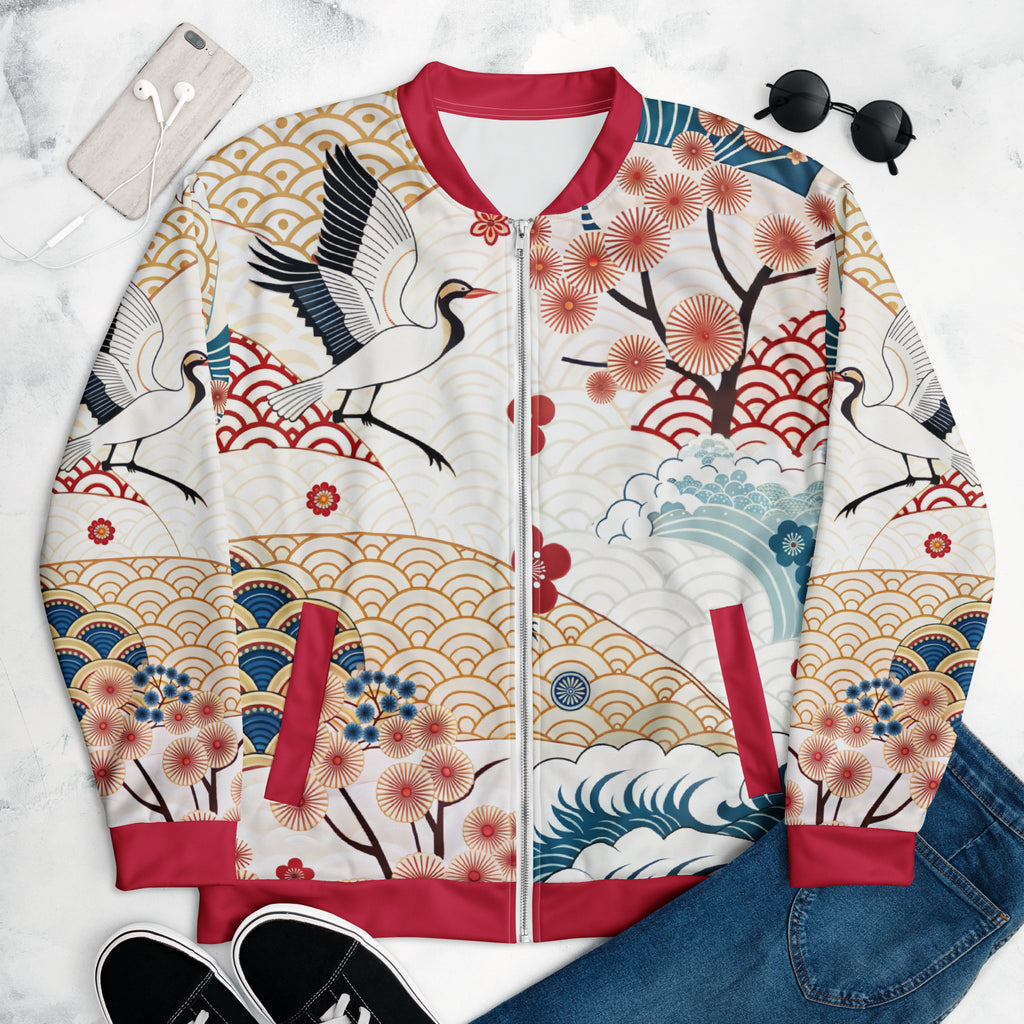 Hier liegt zur Dekoration mit Jeans und Sneakern eine kunstvoll in Vorderansicht eine designte Jacke mit japanischen inspiriertem Muster. Die Jacke zeigt florale Kirschblüten, stilisierte Wellen, goldene Fächer Elemente und einen Kranich auBeigen Wellen Hintergrund mit roten Akzenten an Kragen, Bündchen und Taschen. By Just a Girl.