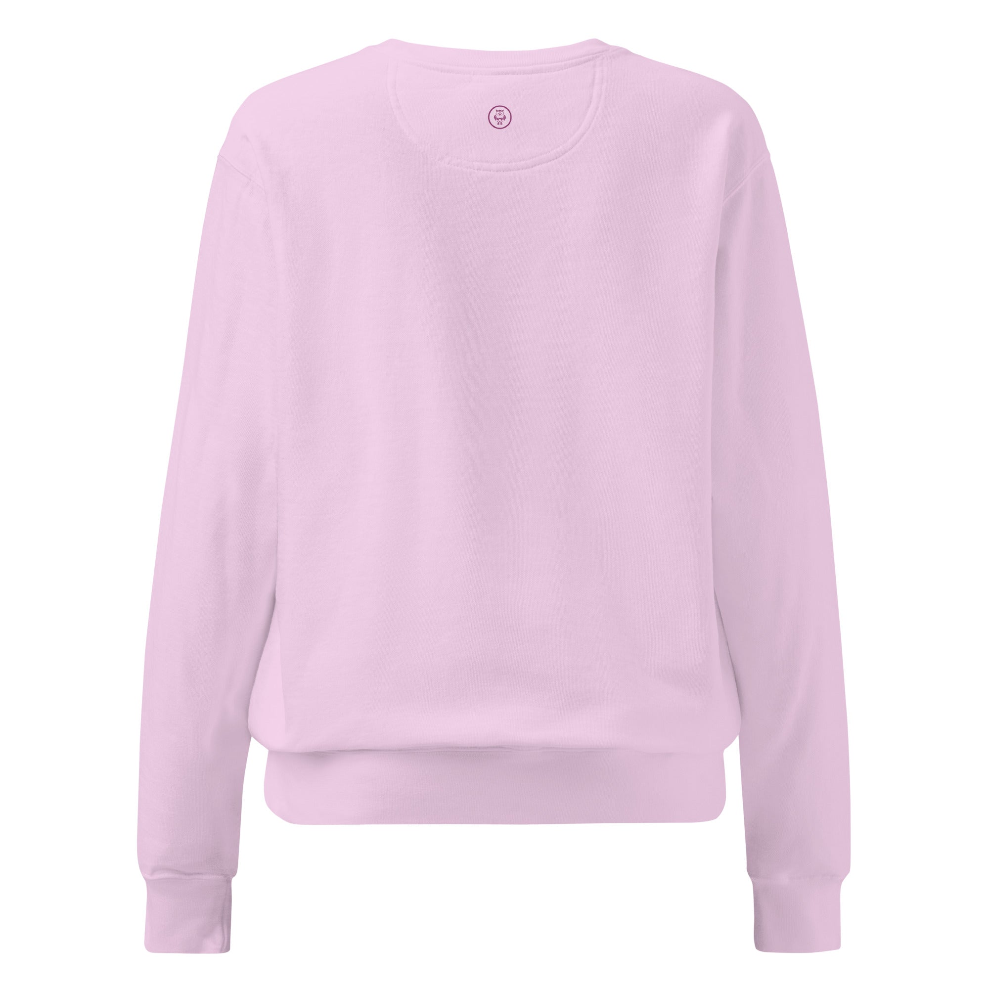 Ein unifarbener Pullover freigestellte Rückenansicht in kräftigem Rosa, das als Rose bezeichnet wird. Das Kleidungsstück ist schlicht und hat lange Ärmel.  Am Nacken, anstelle des äußeren Etiketts, befindet sich ein kleines Emblem-Icon als Eule mit einem Kreis drum herum.