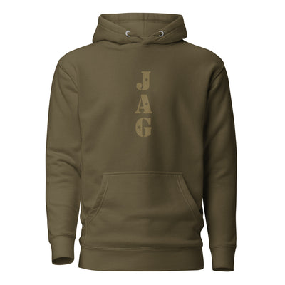 Hochwertiger freigestellter Unisex Hoodie in Military Green mit einem markanten JAG Logo Motiv auf der Brust im einem farblich passenden helleren Military Green Farbton gehalten.
